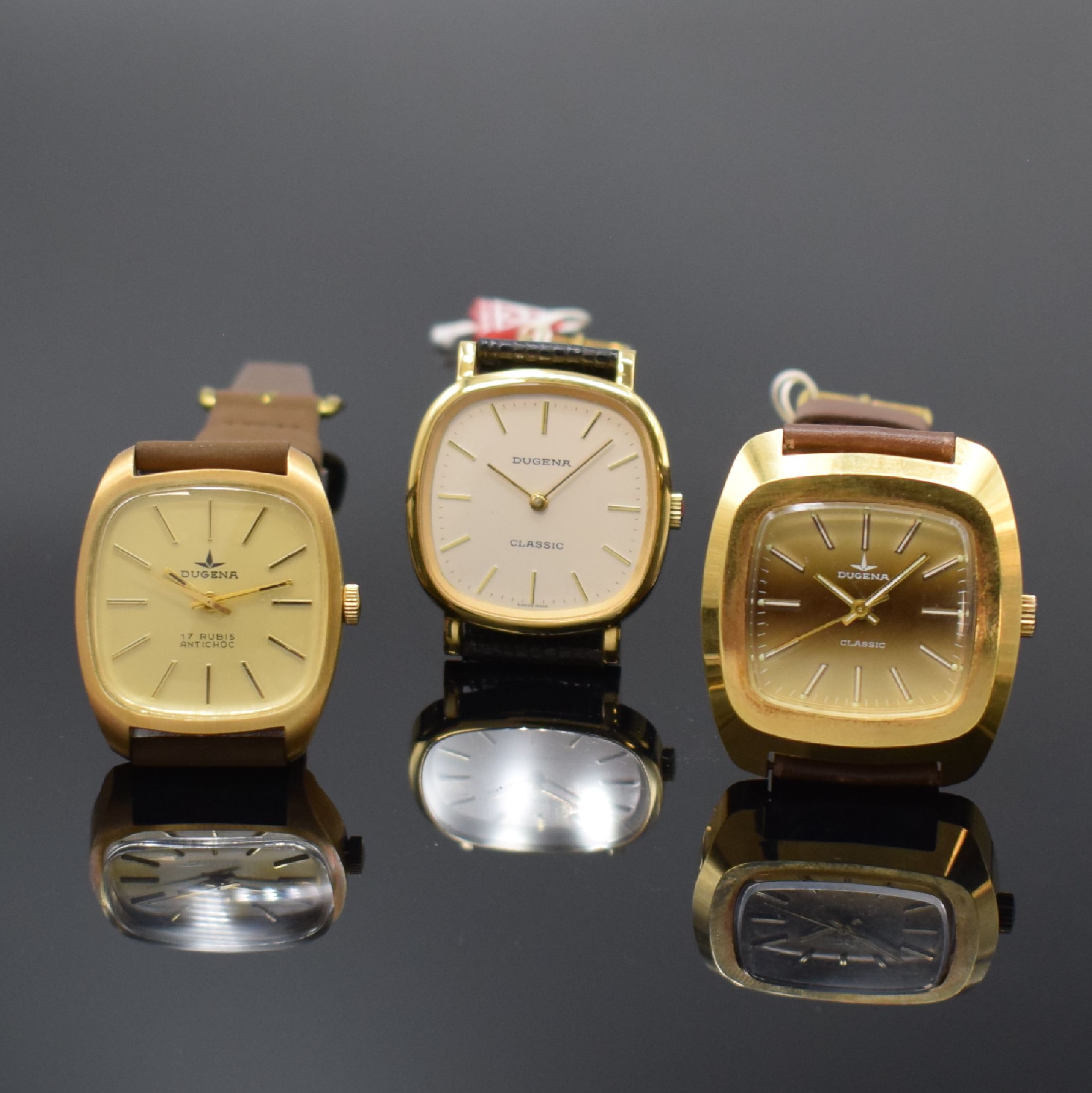 Detail a: DUGENA 6 vergoldete Armbanduhren aus Lagerbestand, Schweiz um 1970, Handaufzug, 2-tlg. Geh. m. Stahlboden, 4 x aufgedr., 2 x verschr., verschiedene ...
