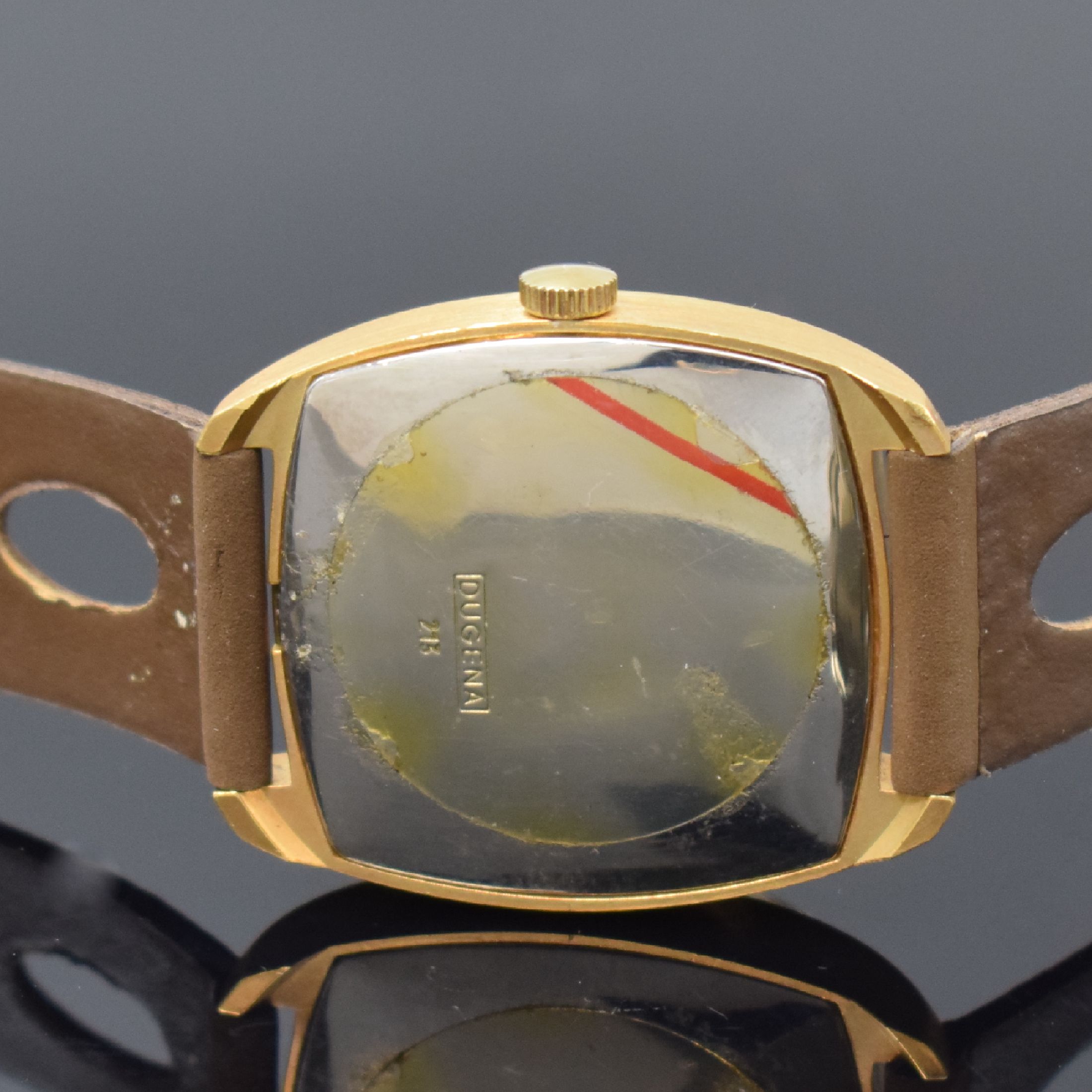 Detail e: DUGENA 6 vergoldete Armbanduhren aus Lagerbestand, Schweiz um 1970, Handaufzug, 2-tlg. Geh. m. Stahlboden, 4 x aufgedr., 2 x verschr., verschiedene ...