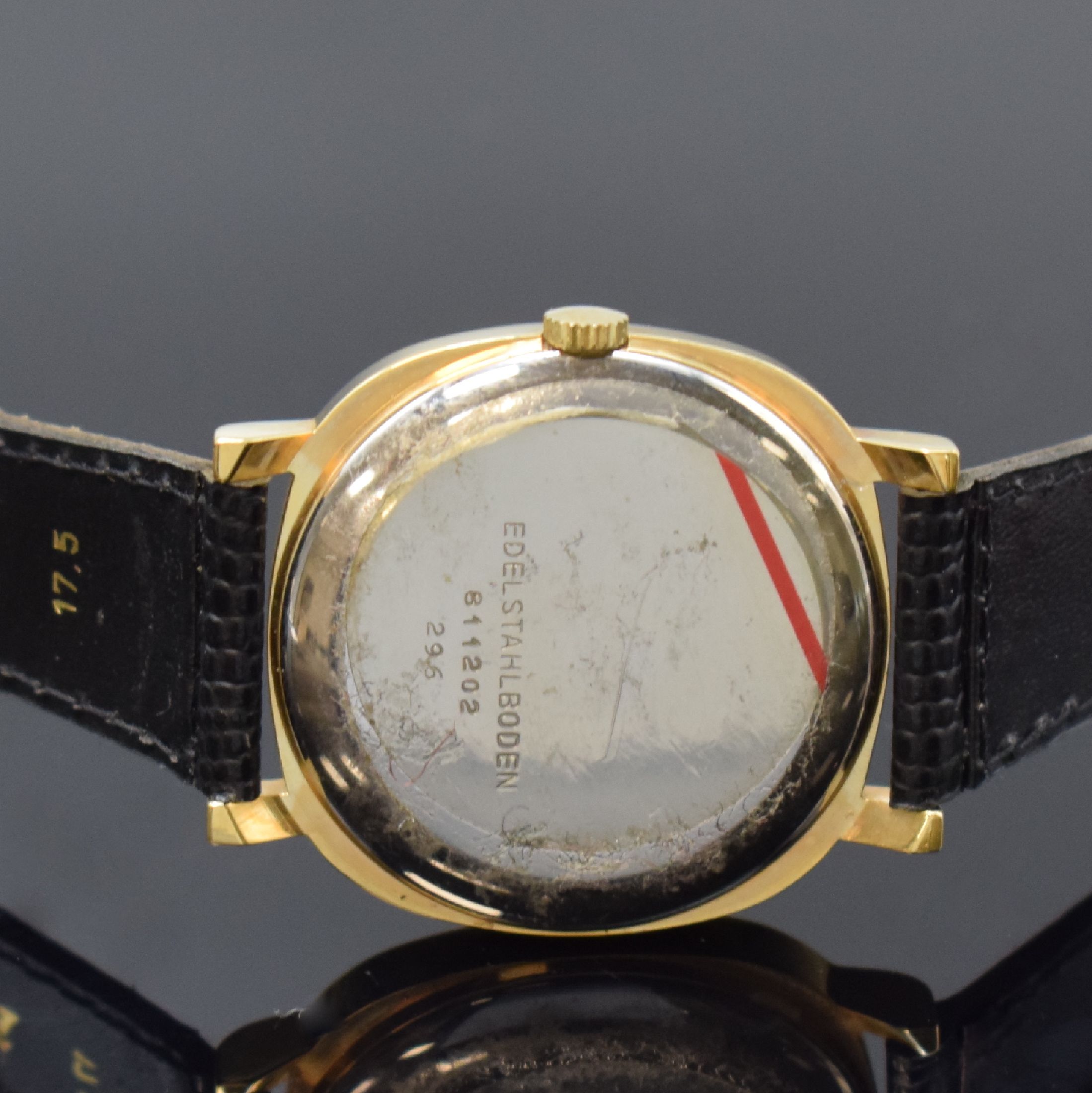 Detail g: DUGENA 6 vergoldete Armbanduhren aus Lagerbestand, Schweiz um 1970, Handaufzug, 2-tlg. Geh. m. Stahlboden, 4 x aufgedr., 2 x verschr., verschiedene ...