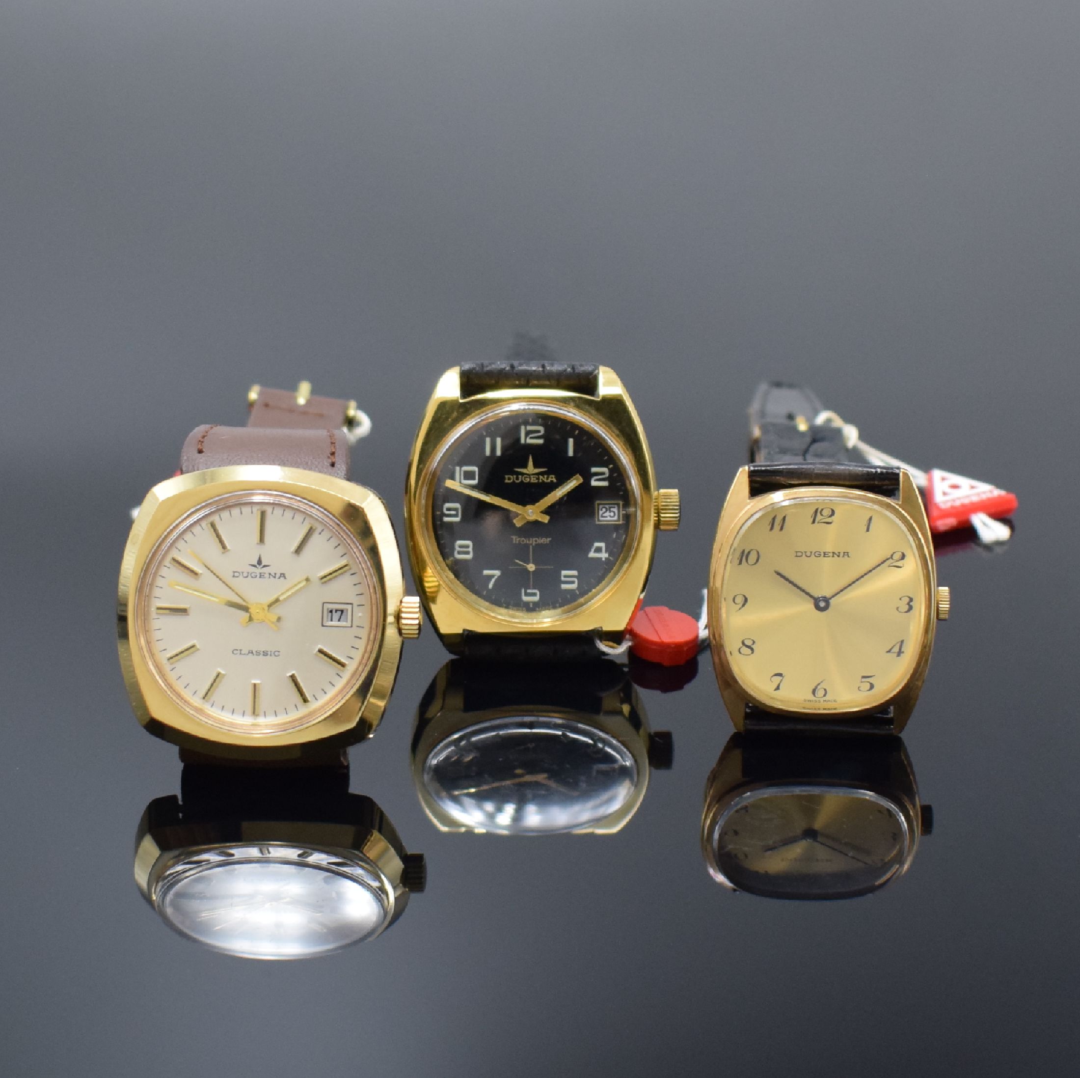 Detail h: DUGENA 6 vergoldete Armbanduhren aus Lagerbestand, Schweiz um 1970, Handaufzug, 2-tlg. Geh. m. Stahlboden, 4 x aufgedr., 2 x verschr., verschiedene ...