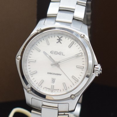 26728079a - EBEL ladies wristwatch Discovery reference 1216393, quartz, stainless steel case including bracelet with butterfly buckle, case back 6-times screwed, mother of pearl dial with raised indices, display of hours, minutes, sweep seconds and date, diameter approx. 33 mm, length approx 19 cm, original box and blank papers, condition 1