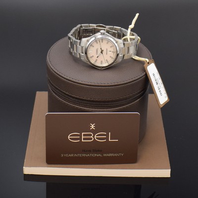 26728079d - EBEL ladies wristwatch Discovery reference 1216393, quartz, stainless steel case including bracelet with butterfly buckle, case back 6-times screwed, mother of pearl dial with raised indices, display of hours, minutes, sweep seconds and date, diameter approx. 33 mm, length approx 19 cm, original box and blank papers, condition 1