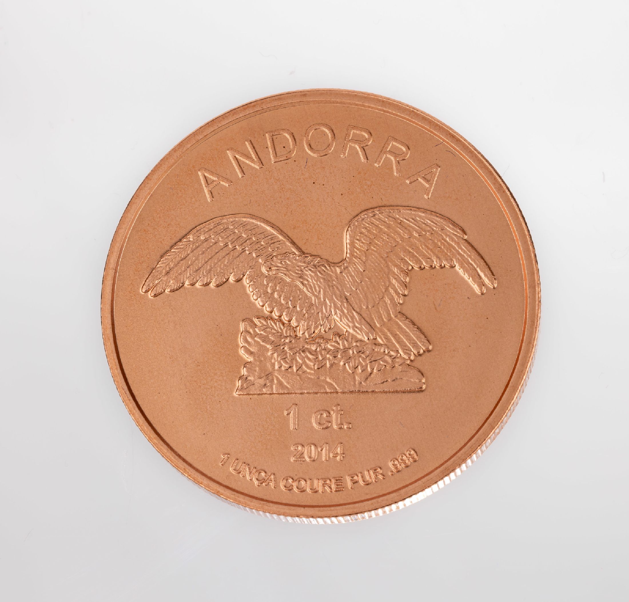 20 Andorra Eagle/Kupferbarren, 1 centime 2014 jede Münze 1 Unze KUPFER 999.9, total ca.560 g, av: Adler mit ausgebreiteten Schwingen,rv: Wappen von ...