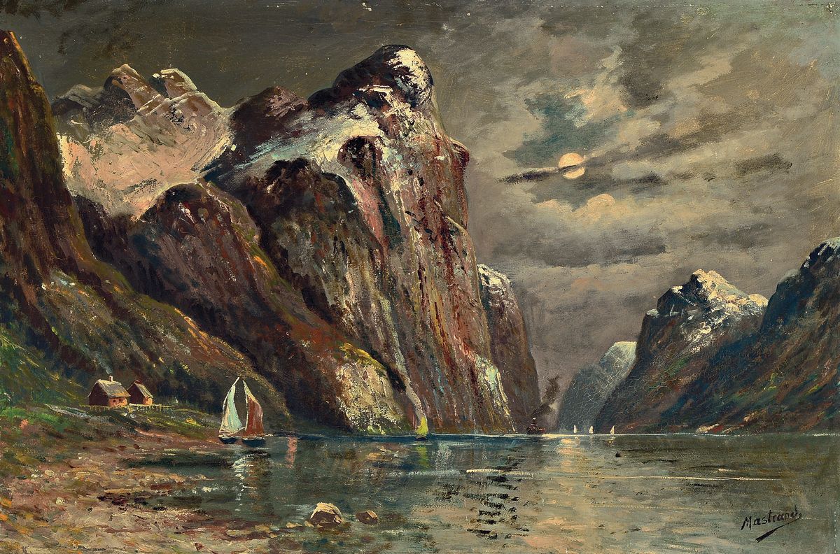 Mastrand, norwegischer Maler um 1900, Norwegische Fjordlandschaft, Öl/Lwd, rechts unten signiert, ca. 53x80cm, Barockstilrahmen ca. 75x100cm