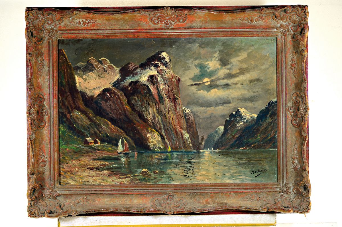 Detail k: Mastrand, norwegischer Maler um 1900, Norwegische Fjordlandschaft, Öl/Lwd, rechts unten signiert, ca. 53x80cm, Barockstilrahmen ca. 75x100cm