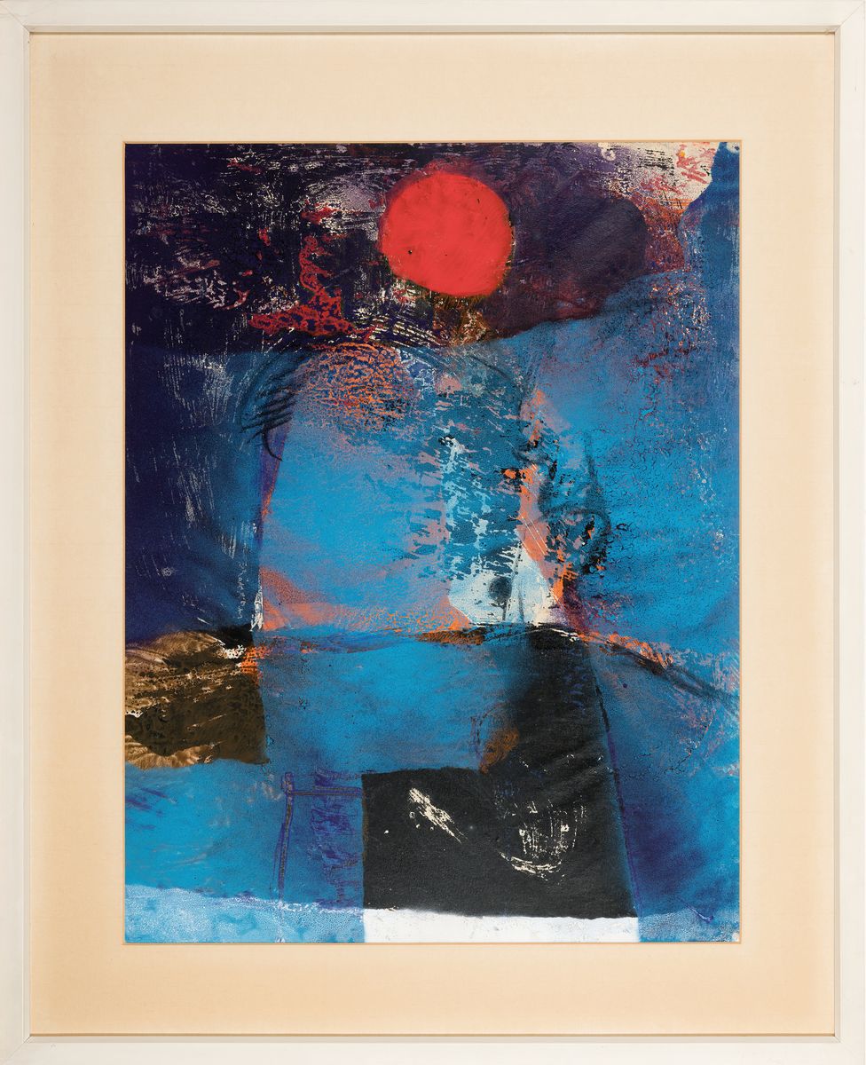 Detail k: Alfred Emmerich, 1928-1999 Mannheim, abstrakte Komposition in blau, rot und schwarz, Mischtechnik auf Karton, unter PP und Glas gerahmt 80x65 cm