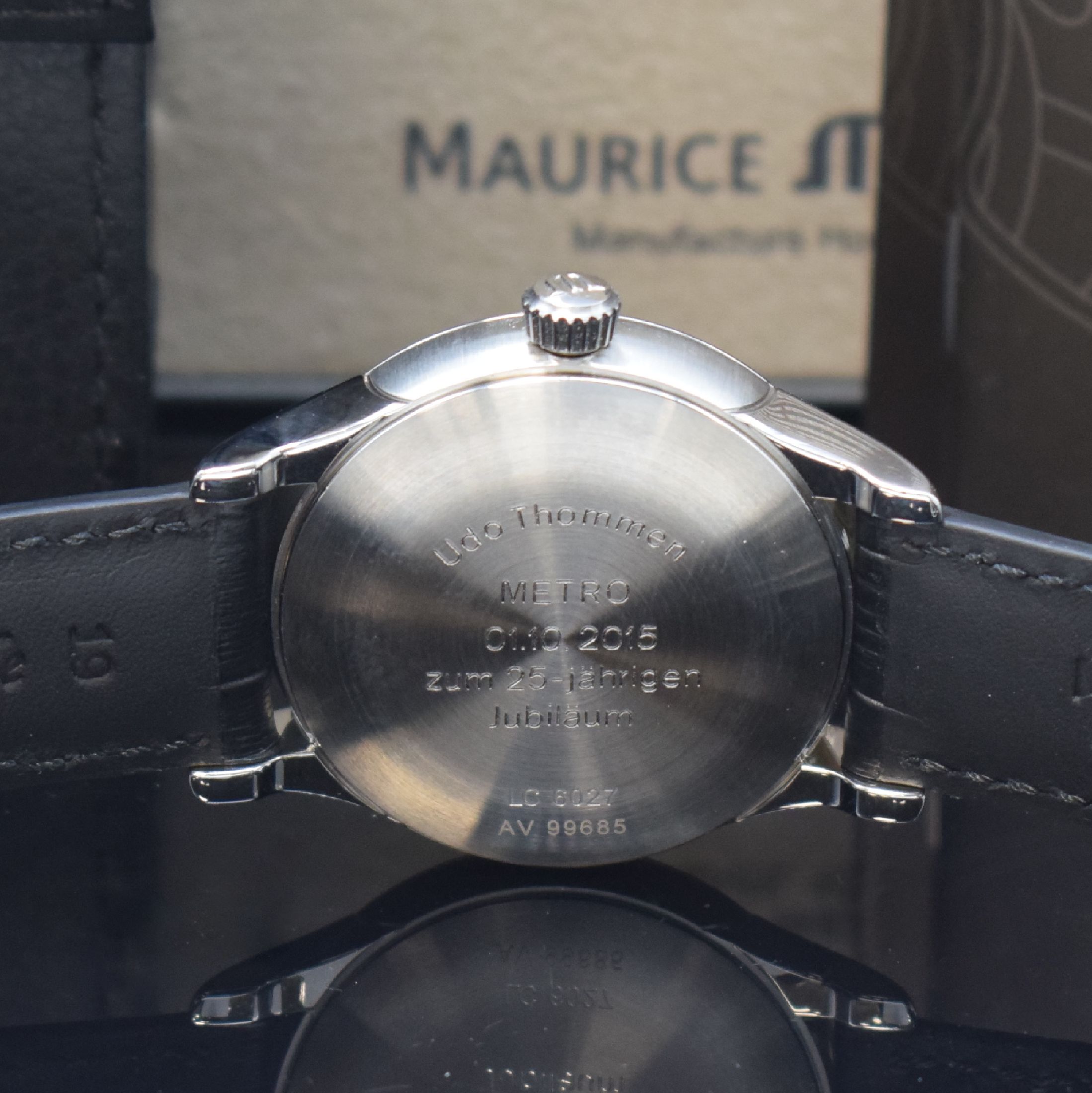 Detail c: MAURICE LACROIX Les Classiques Herrenarmbanduhr in Stahl Referenz LC6027, Schweiz um 2015, Automatik, orig. Lederband m. Dornschl., Boden m. Widmung ...