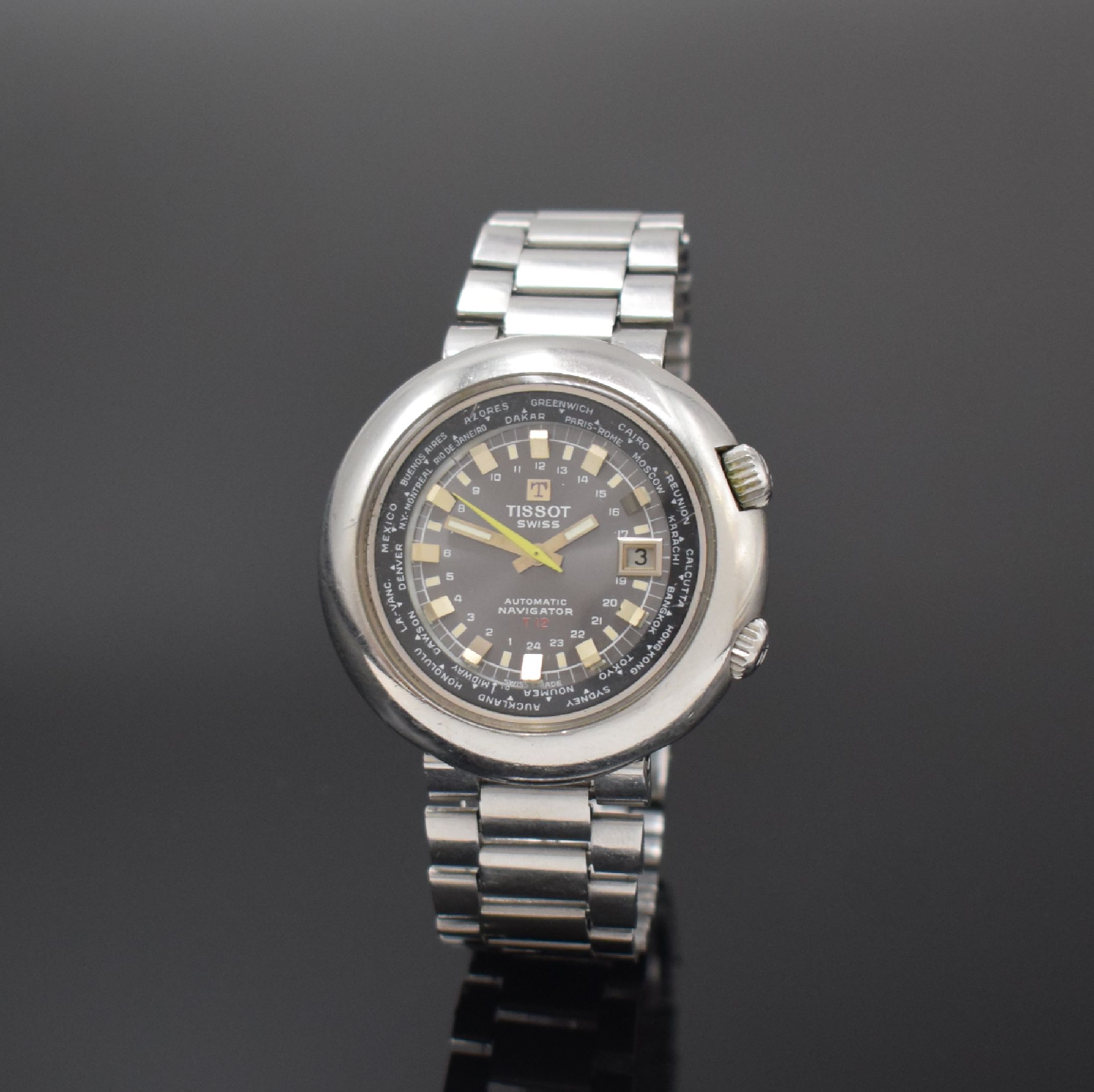 TISSOT Navigator T12 Herrenarmbanduhr mit Weltzeitanzeige Referenz 44596, Schweiz um 1970, Automatik, massives Edelstahlgeh. inkl. neutr. Gliederband ...