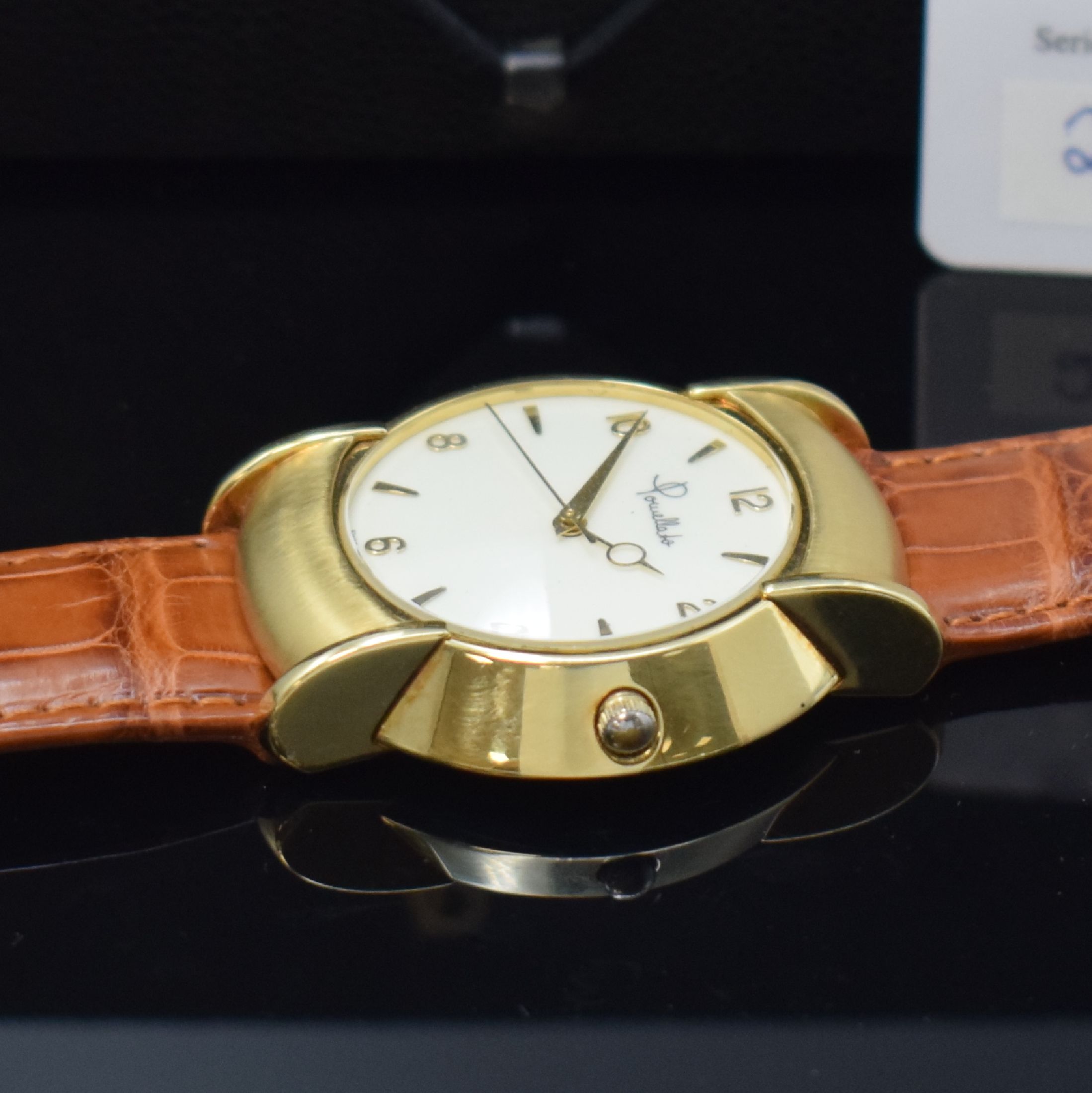 Detail d: POMELLATO Armbanduhr in GG 750/000, Automatik, massives Goldgeh. z. T. matt., Lederband m. orig. GG 750/000 Dornschl., Boden aufgedr., elfenbeinfarb. ...