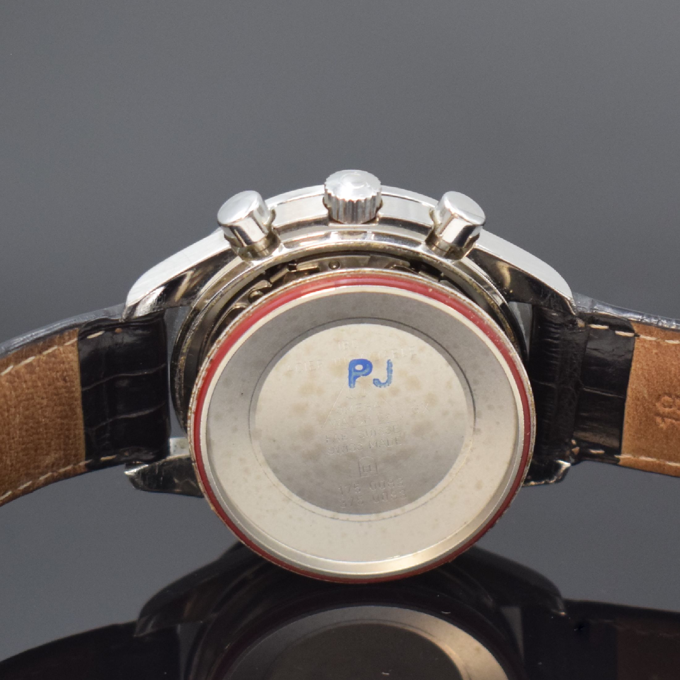 Detail g: OMEGA Speedmaster Herrenarmbanduhr mit Chronograph Referenz 175.0083/375.0083, Schweiz um 2000, Automatik, Edelstahlgeh., Boden mit Seepferdchenlogo ...
