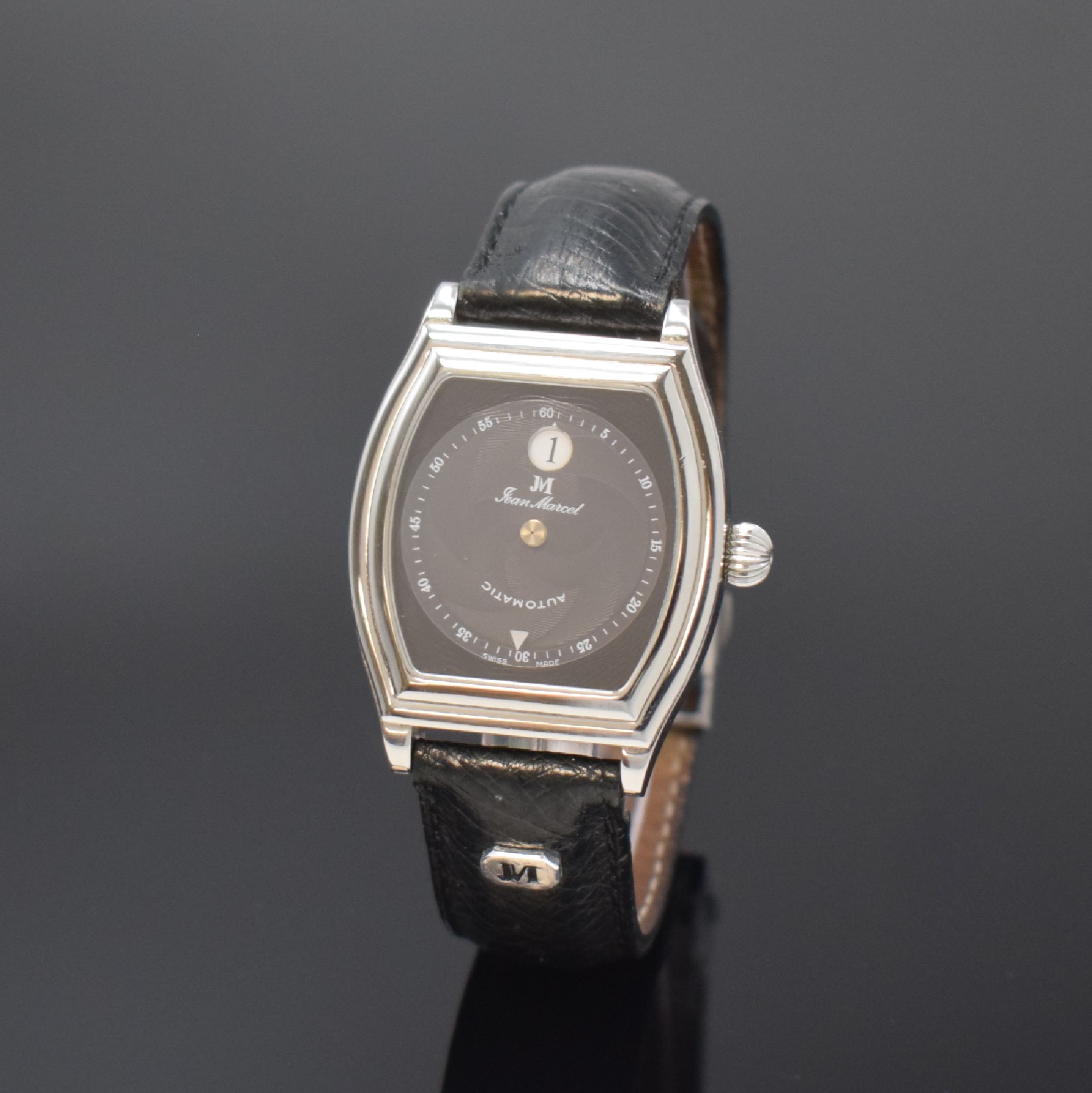 JEAN MARCEL Herrenarmbanduhr mit wandernder springender Stunde Referenz 160.158, Schweiz um 1995, Automatik, tonneauförmiges, beids. vergl. ...