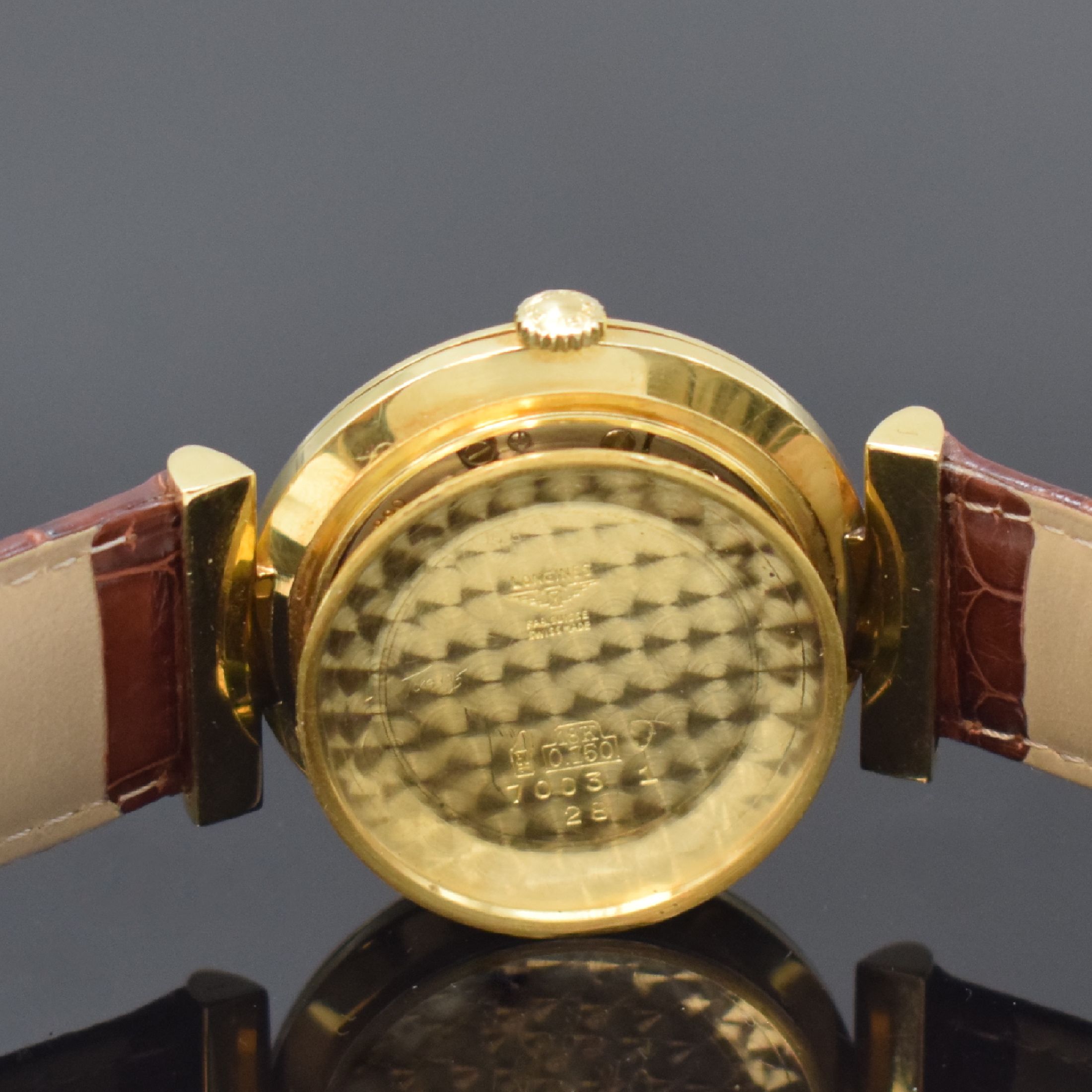 Detail f: LONGINES Herrenarmbanduhr in GG 750/000 Referenz 7003 1, Schweiz um 1960, Automatik, Boden u. Glasrand aufgedr., vers. Zifferbl. m. aufges. Indizes, ...