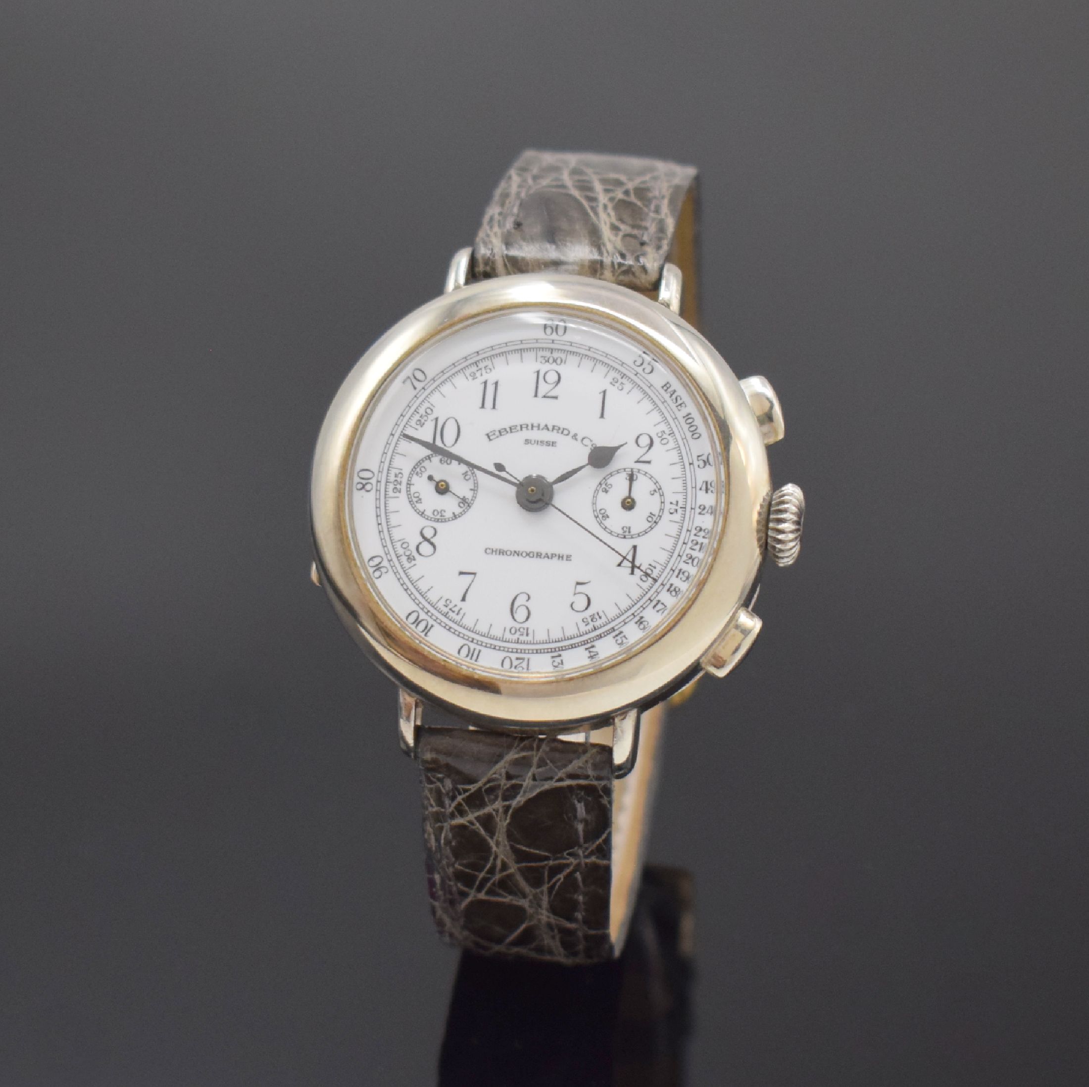 EBERHARD & Co. Schaltradchronograph zum 100. Jubiläum in Sterlingsilber, Schweiz um 1987, Handaufzug, Scharniergeh. m. aufgedr. Lünette, Cuvette m. ...