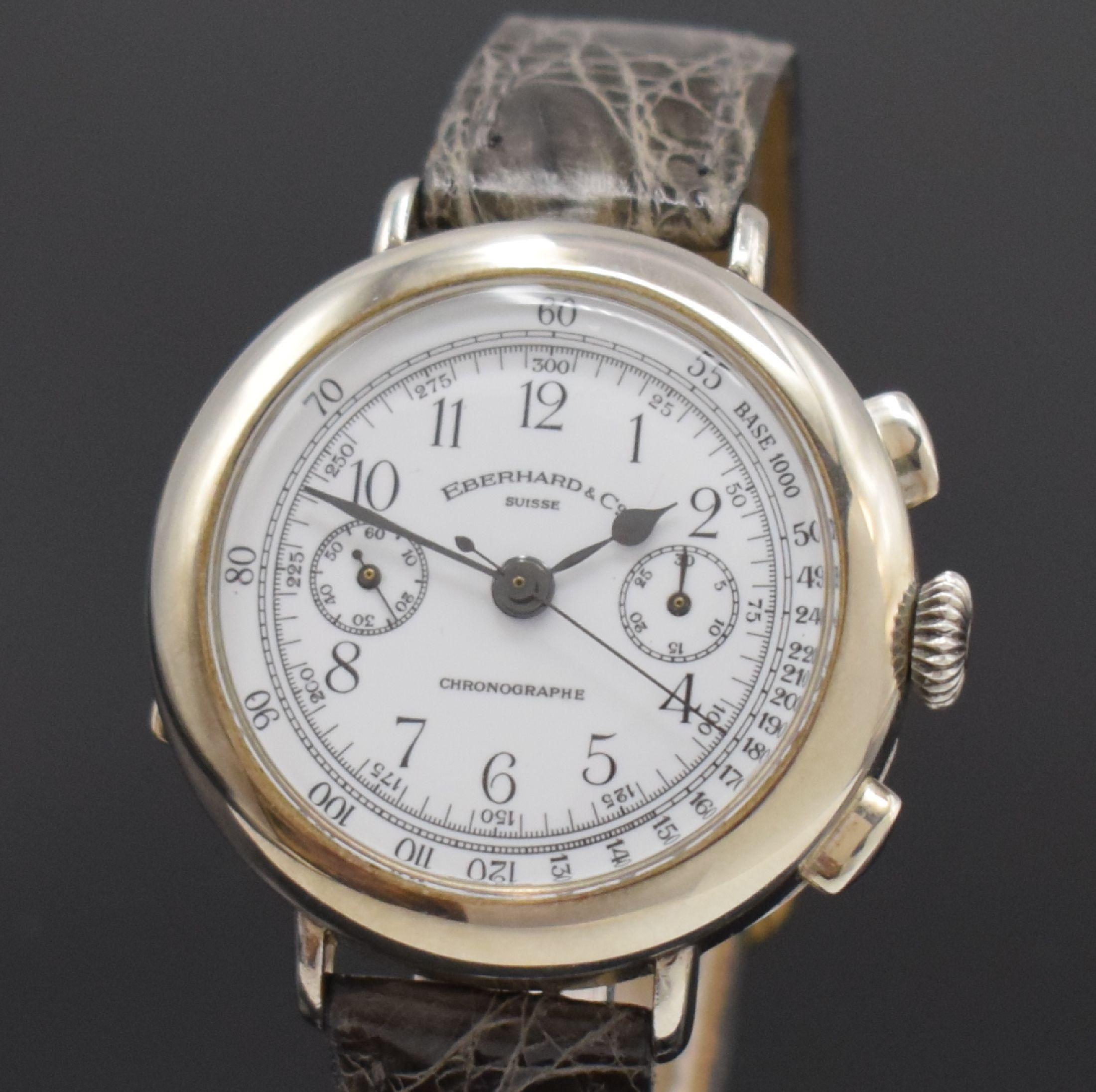 Detail a: EBERHARD & Co. Schaltradchronograph zum 100. Jubiläum in Sterlingsilber, Schweiz um 1987, Handaufzug, Scharniergeh. m. aufgedr. Lünette, Cuvette m. ...