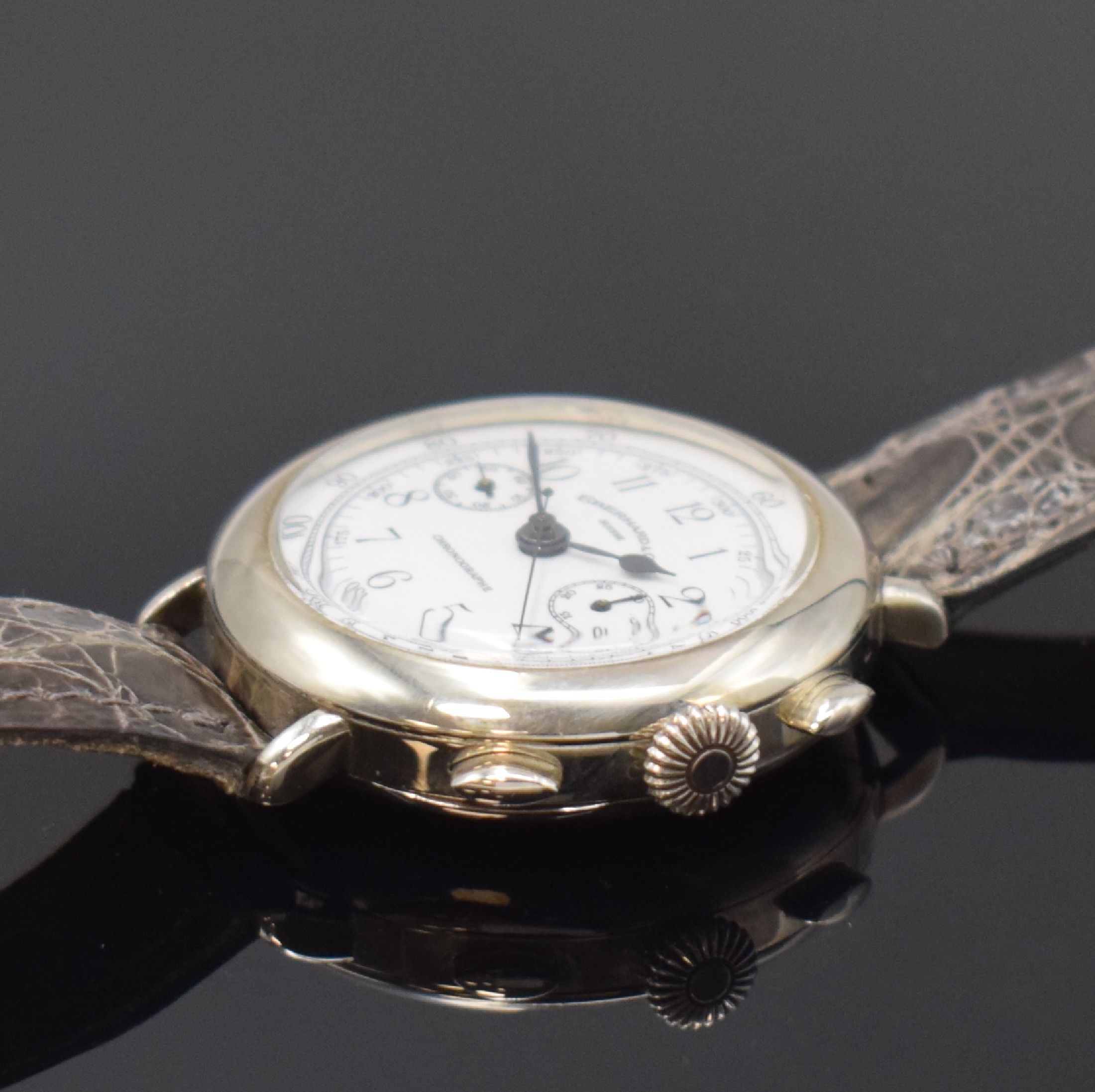Detail b: EBERHARD & Co. Schaltradchronograph zum 100. Jubiläum in Sterlingsilber, Schweiz um 1987, Handaufzug, Scharniergeh. m. aufgedr. Lünette, Cuvette m. ...
