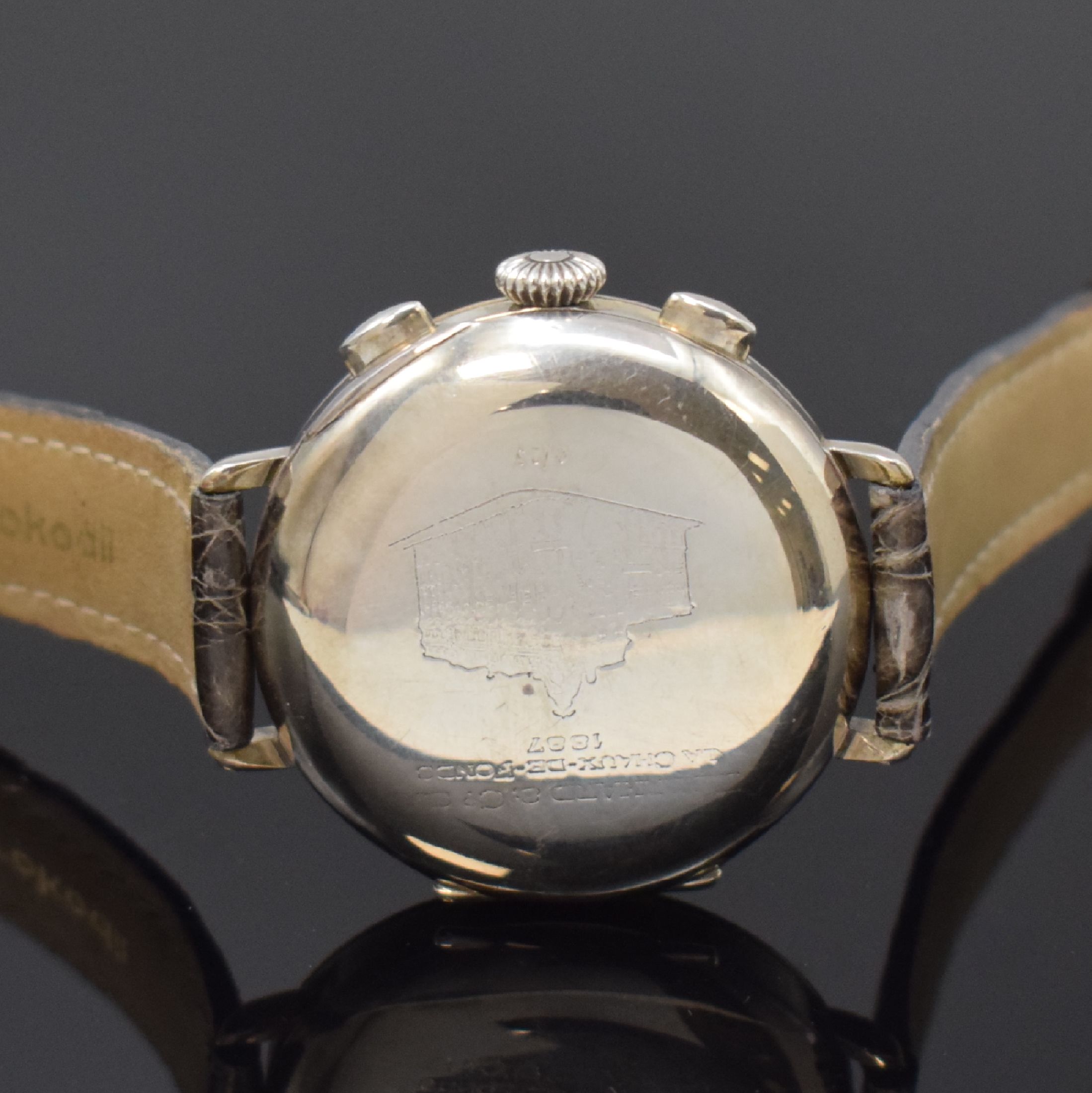 Detail c: EBERHARD & Co. Schaltradchronograph zum 100. Jubiläum in Sterlingsilber, Schweiz um 1987, Handaufzug, Scharniergeh. m. aufgedr. Lünette, Cuvette m. ...