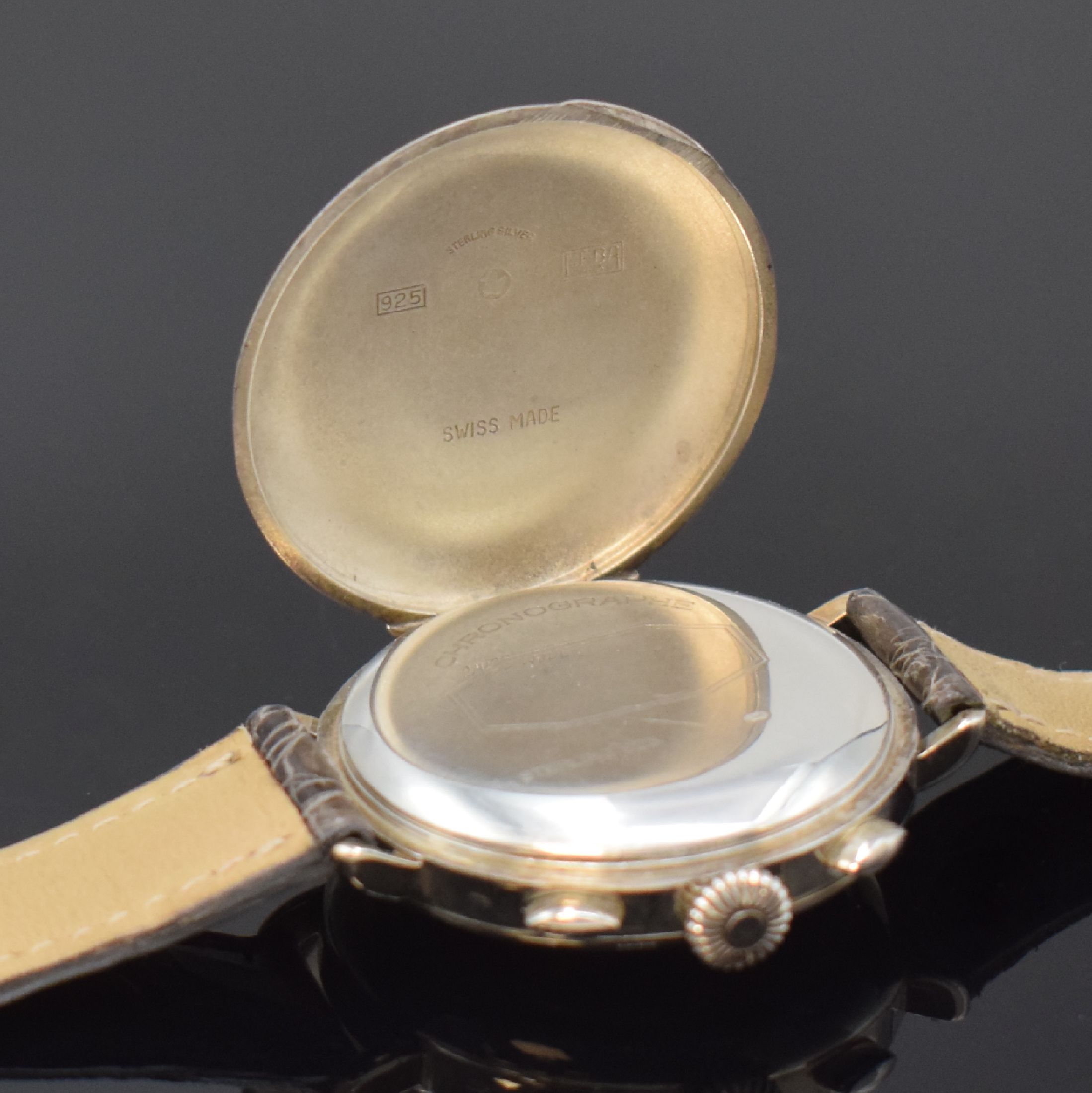 Detail d: EBERHARD & Co. Schaltradchronograph zum 100. Jubiläum in Sterlingsilber, Schweiz um 1987, Handaufzug, Scharniergeh. m. aufgedr. Lünette, Cuvette m. ...