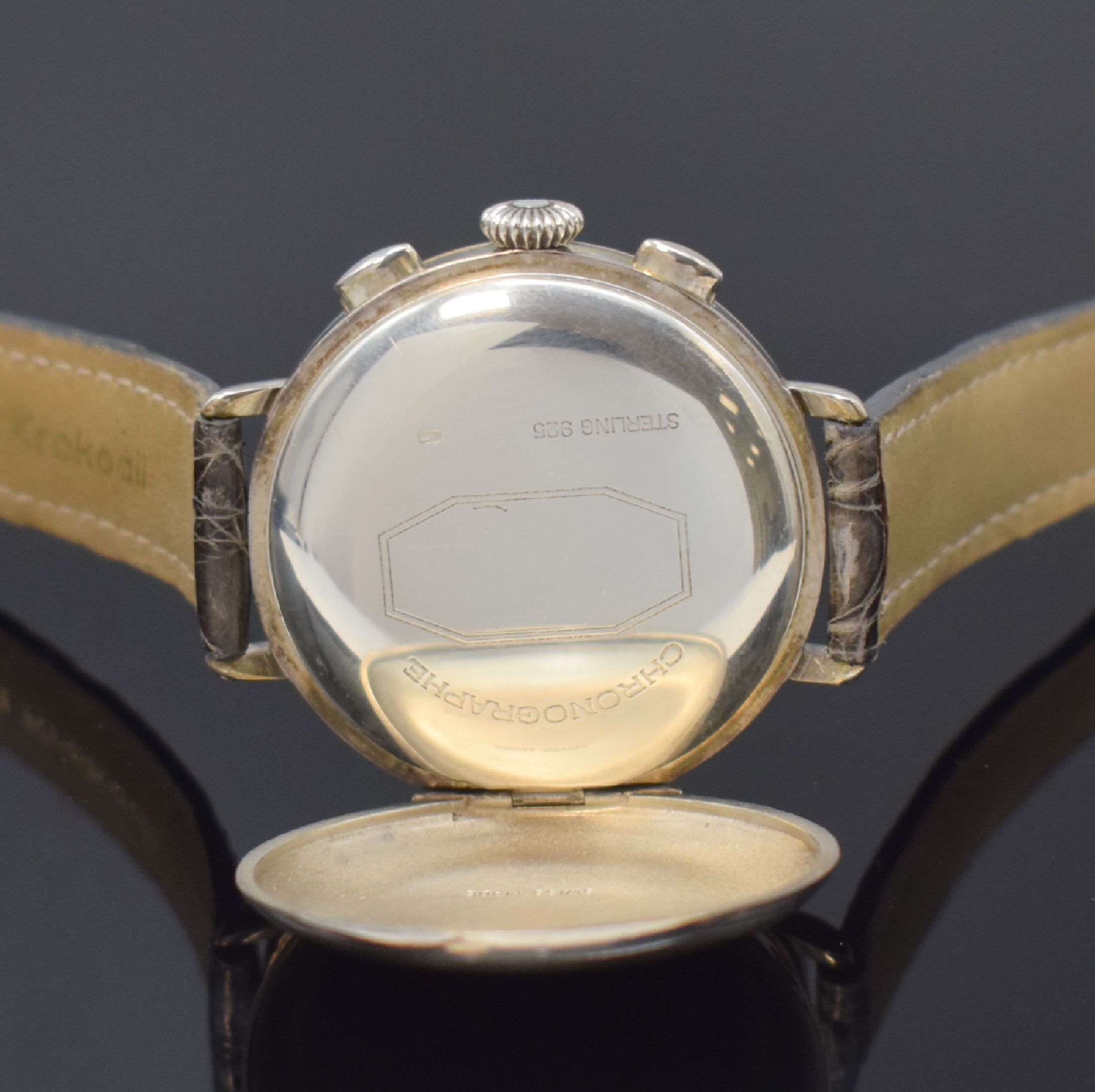 Detail e: EBERHARD & Co. Schaltradchronograph zum 100. Jubiläum in Sterlingsilber, Schweiz um 1987, Handaufzug, Scharniergeh. m. aufgedr. Lünette, Cuvette m. ...