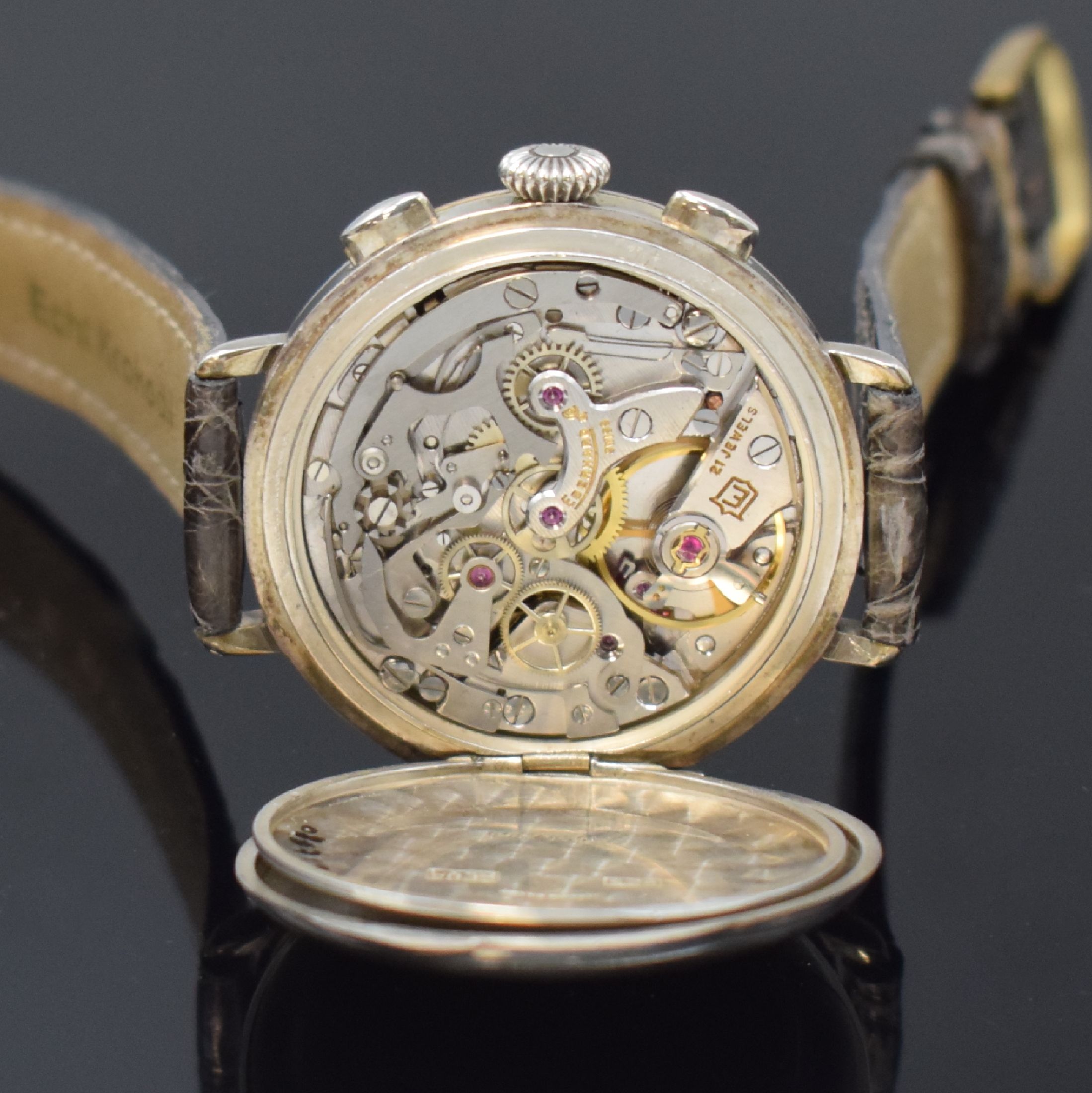 Detail g: EBERHARD & Co. Schaltradchronograph zum 100. Jubiläum in Sterlingsilber, Schweiz um 1987, Handaufzug, Scharniergeh. m. aufgedr. Lünette, Cuvette m. ...