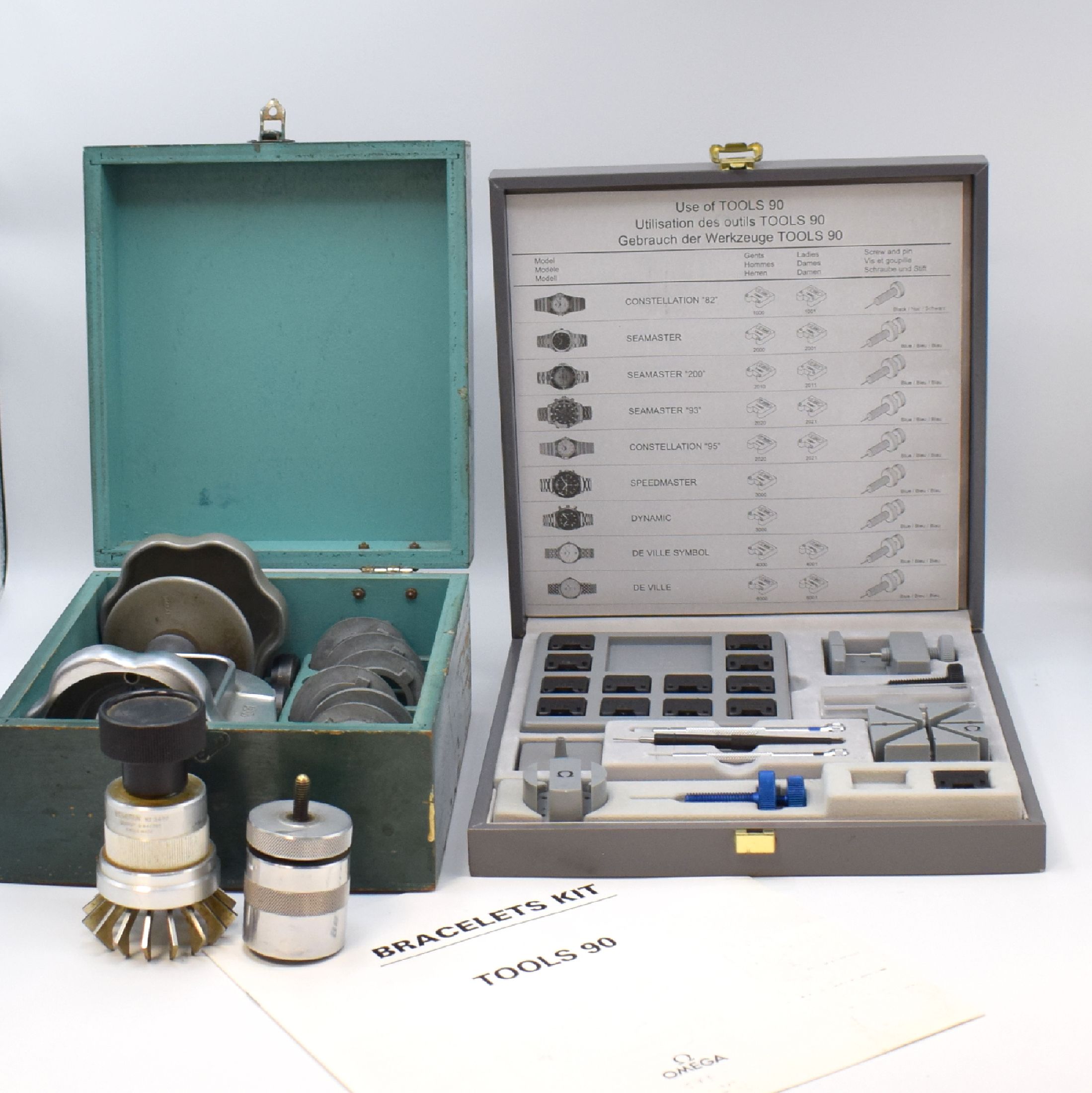 Konvolut: Seltener vintage ROLEX Gehäuseöffner in Holzbox Eazy Oyster Opener Referenz 1001, Omega original Bandwechsel-/Bandwechselwerk- zeug in ...