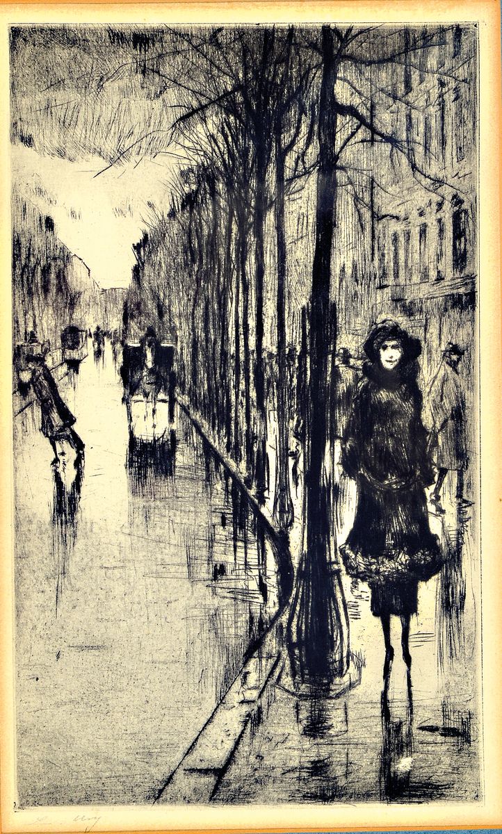Lesser Ury, 1861 Birnbaum Provinz Posen-1931 Berlin, Spaziergänger im Regen, Szene aus Berlin, Radierung, links unten sign. L.Ury, ca. 24.5x14.5cm, ...