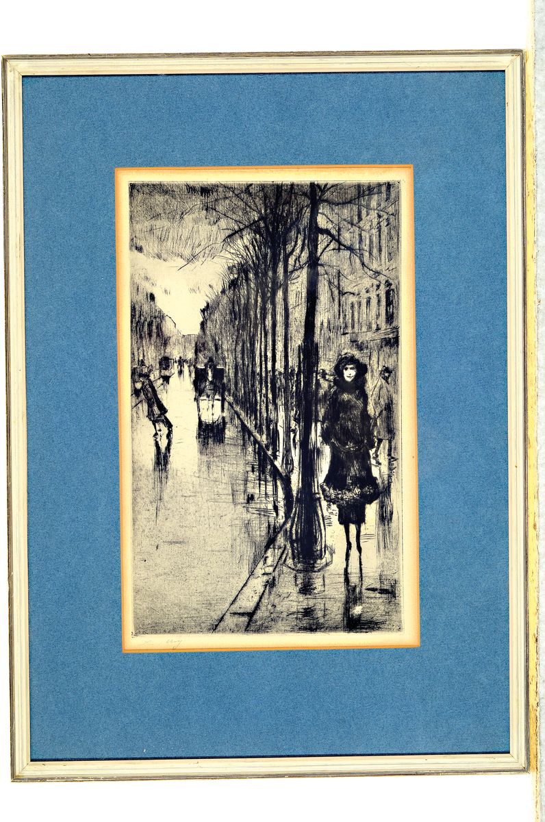 Detail k: Lesser Ury, 1861 Birnbaum Provinz Posen-1931 Berlin, Spaziergänger im Regen, Szene aus Berlin, Radierung, links unten sign. L.Ury, ca. 24.5x14.5cm, ...