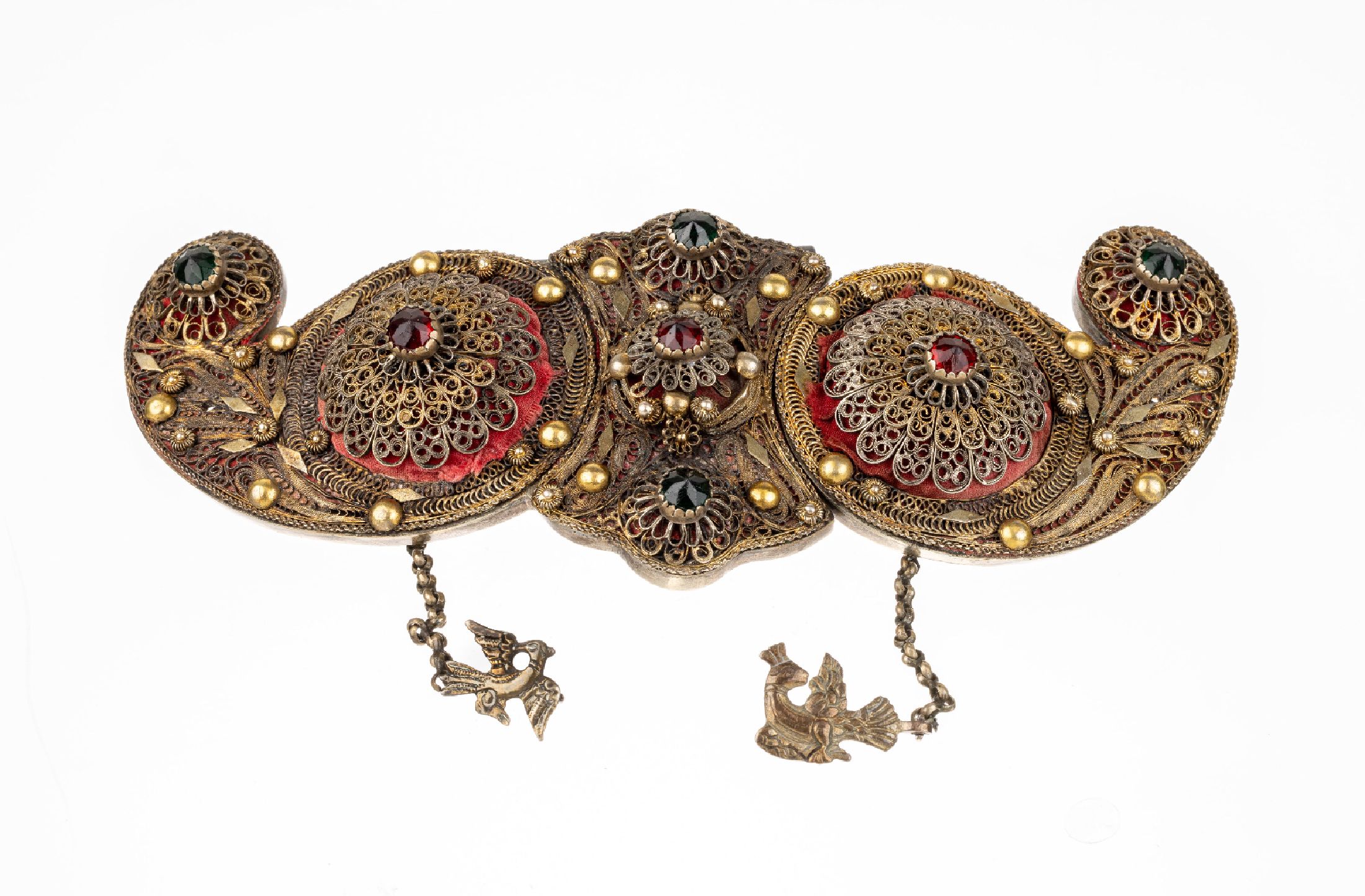 Außergewöhnliche Gürtelschließe, Metall, osmanisch um 1880, aufwendige Filigranarbeit, mit farbigen Glassteinen, ca. 22 x 8.5 cm, sammelwürdig, ...