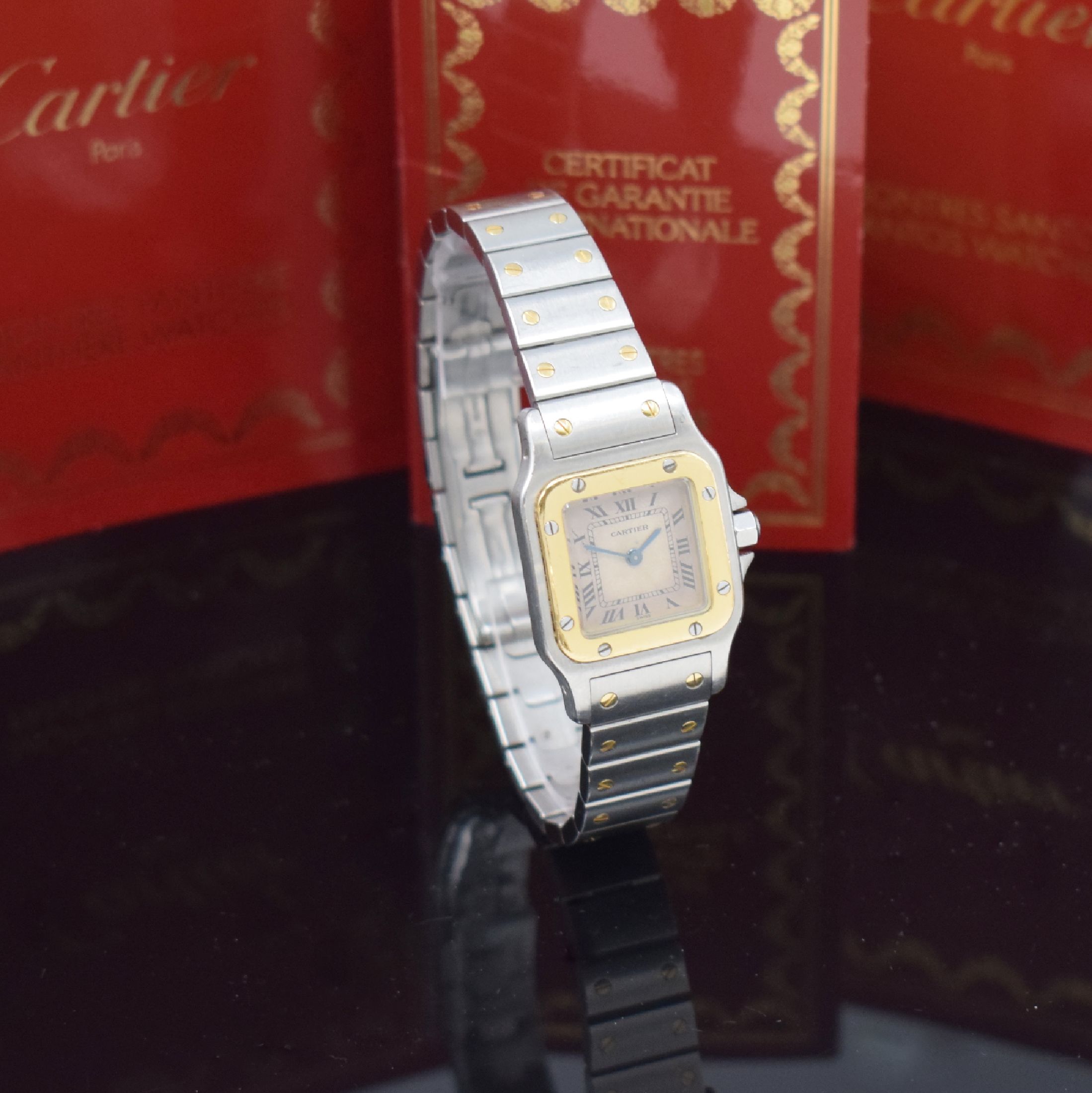Detail c: CARTIER Santos Damenarmbanduhr in Stahl/Gold Referenz 1057930, Schweiz verk. lt. beil. Pap. 08/1993, quartz, Boden 8-fach verschr., orig. Gliederband ...