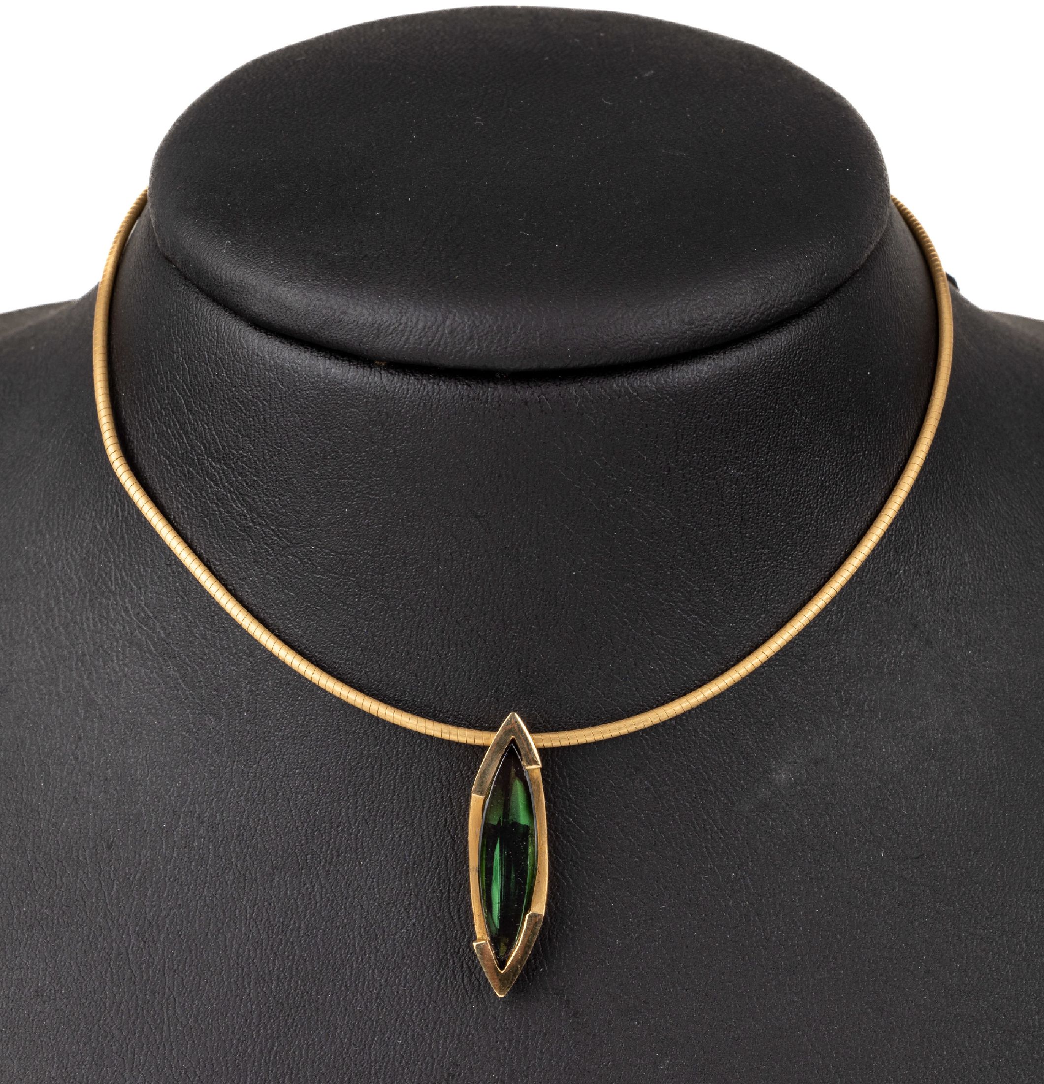 18 kt Gold Turmalin-Collier, GG 750/000, schlichter Anhänger, part. pol., mit facett. Turmalin-Navette, Halsreif, L. ca. 46 cm, Steckverschluss, ...