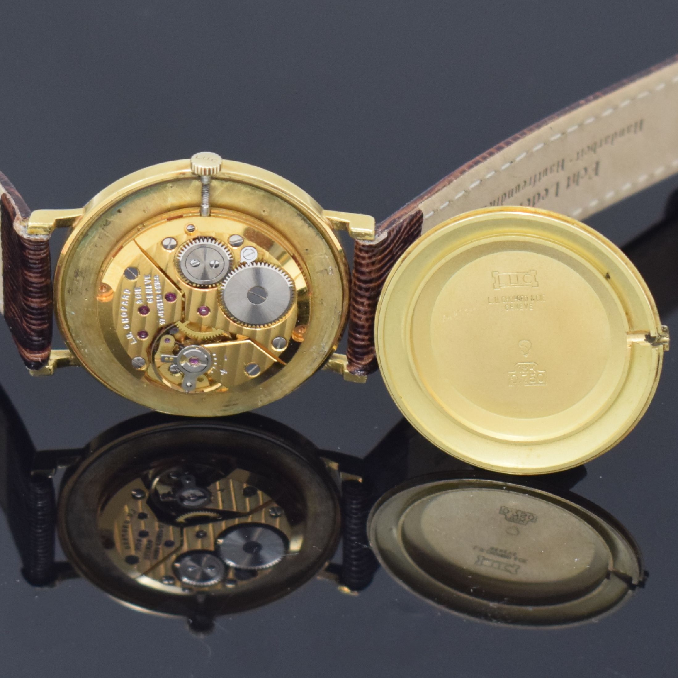 Detail d: CHOPARD Armbanduhr in GG 750/000 Referenz 1013, Schweiz um 1990, Handaufzug, Boden aufgedr., gold. Zifferbl. m. aufges. gold. Std.-Indizes, gold. ...
