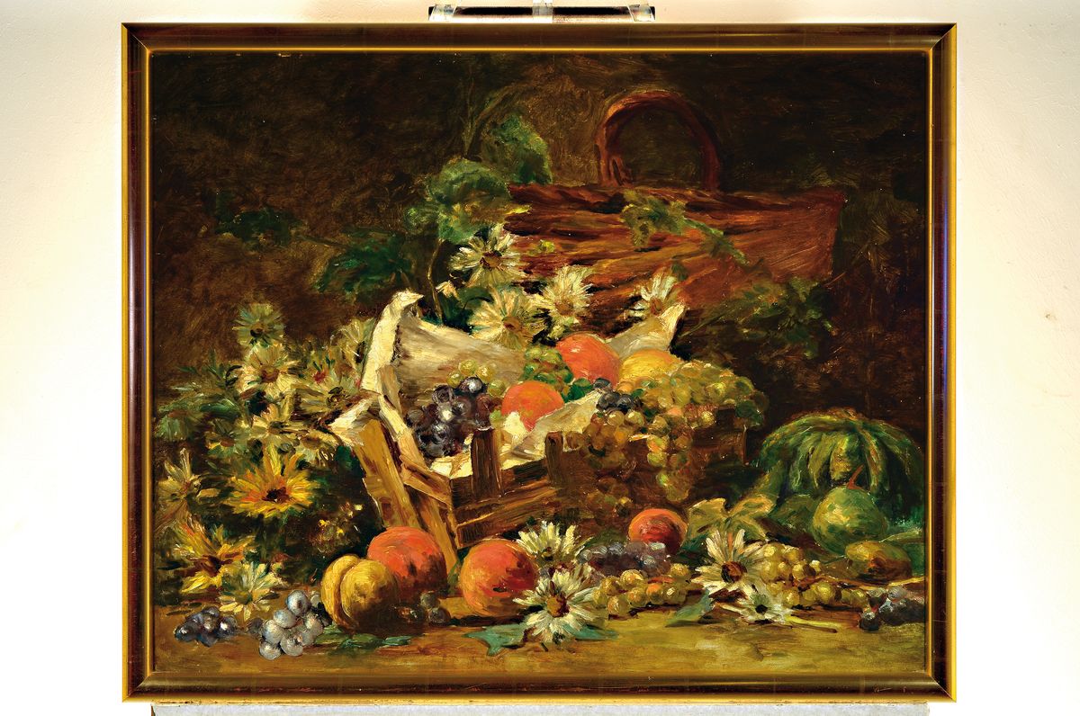 Detail k: Unbekannter pfälzer Künstler des 20.Jh., Pfälzer Stillleben, Stiege mit Trauben, Äpfeln, Kürbissen und Blumen, Öl/Karton, unsigniert,Rahmen, ...