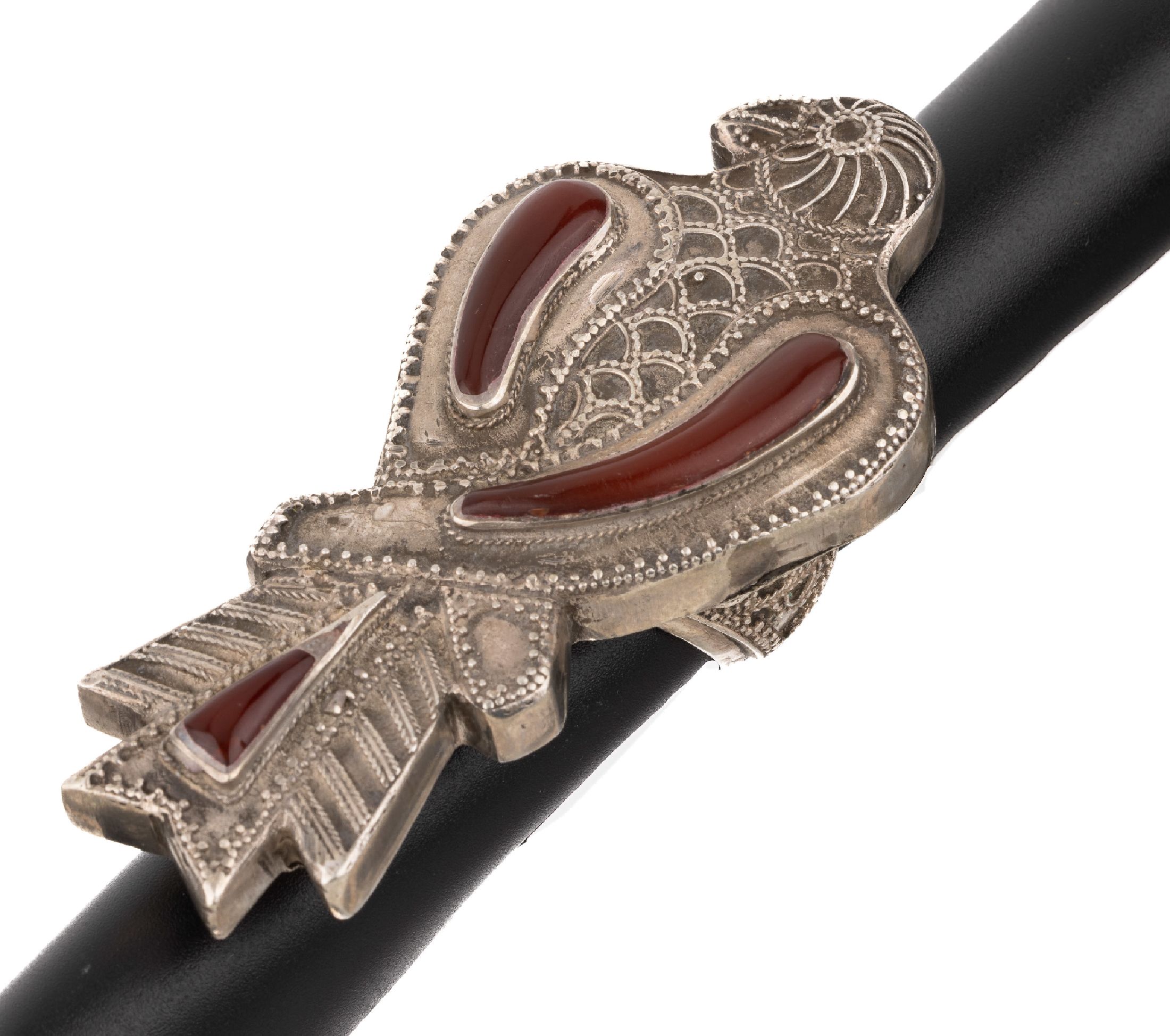 Ausgefallener Karneol-Ring, Silber gefüllt,Afghanistan um 1950, Ringkopf gr. Vogel mit Silberdrahtverzierungen, Karneol-Cabochons, RW63, altersbed. ...