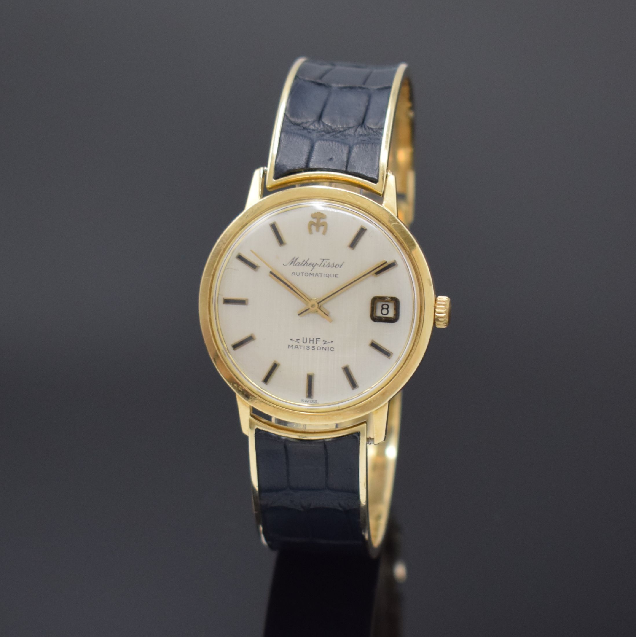 MATHEY TISSOT Armbanduhr UHF MATISSONIC in GG GG 585/000 an GG 585/000 Goldspange, Automatik, Schweiz 1970er Jahre, Monocogue- Geh., silb. Zifferbl. ...