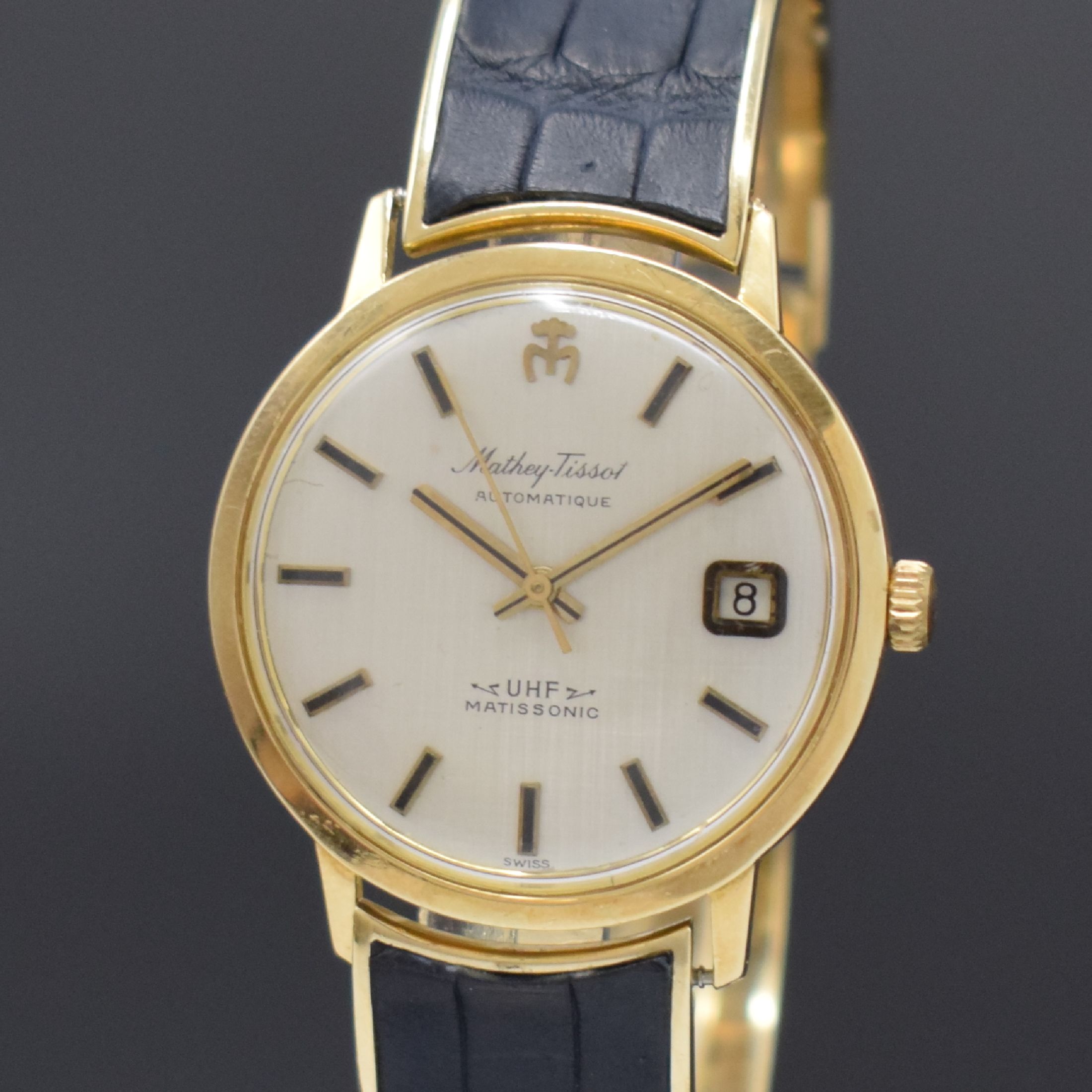 Detail a: MATHEY TISSOT Armbanduhr UHF MATISSONIC in GG GG 585/000 an GG 585/000 Goldspange, Automatik, Schweiz 1970er Jahre, Monocogue- Geh., silb. Zifferbl. ...
