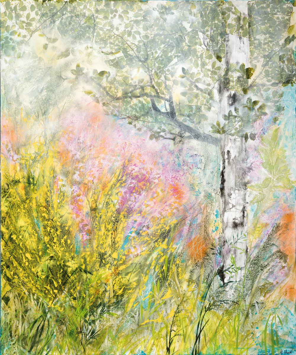 Detail k: Marion Schmidt, geb. 1963 Eschwege, "Ginsterblüte", rechts unten sign., Acryl/Lwd/ Mischtechnik, ca. 100x120 cm