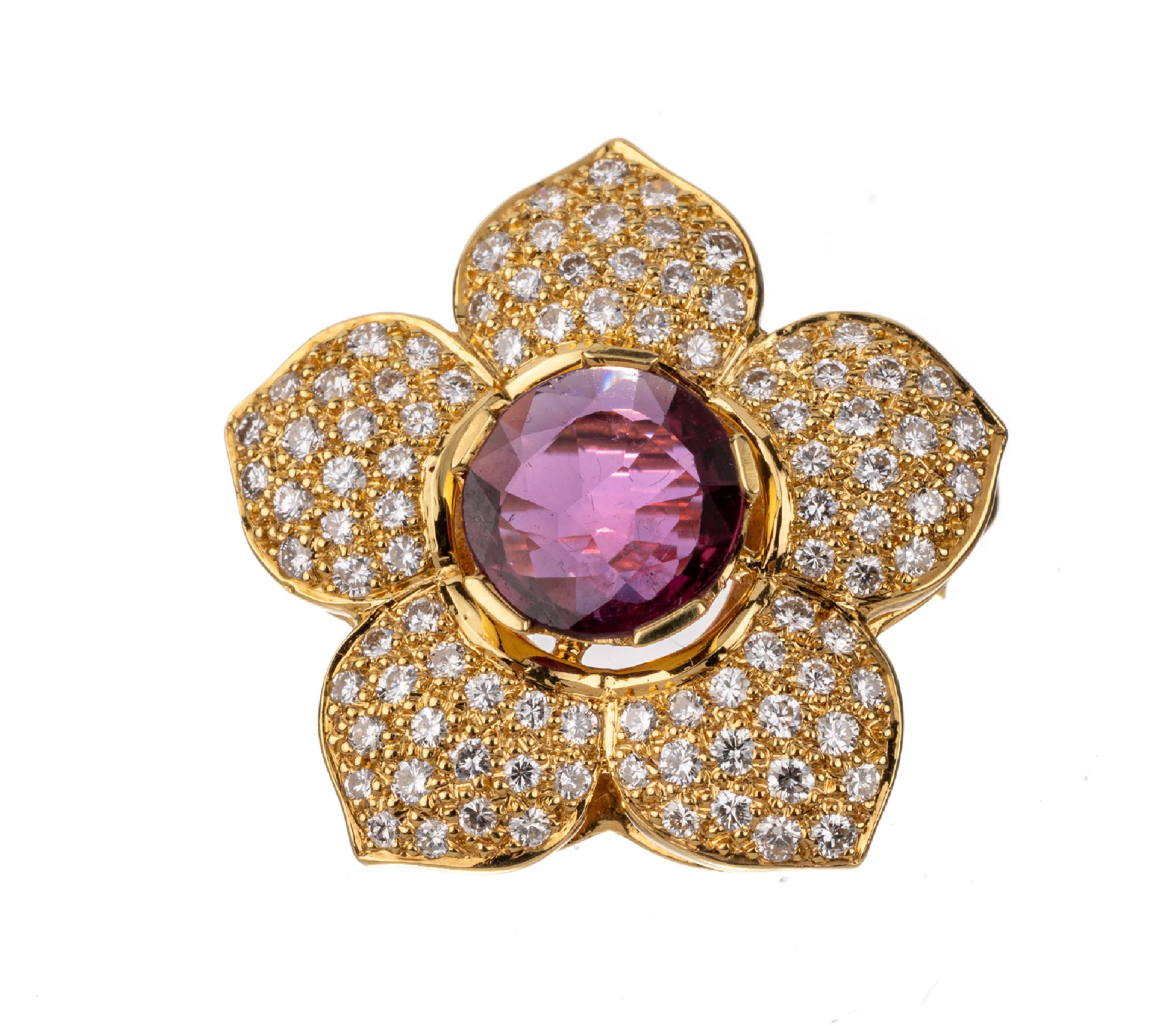 18 kt Gold Brillant-Saphir-Brosche, GG 750/000, in Form einer Blüte, mittig rundfacett. pinkfarb. Saphir ca. 0.83 ct, Brillanten zus. ca. 1.52 ct ...