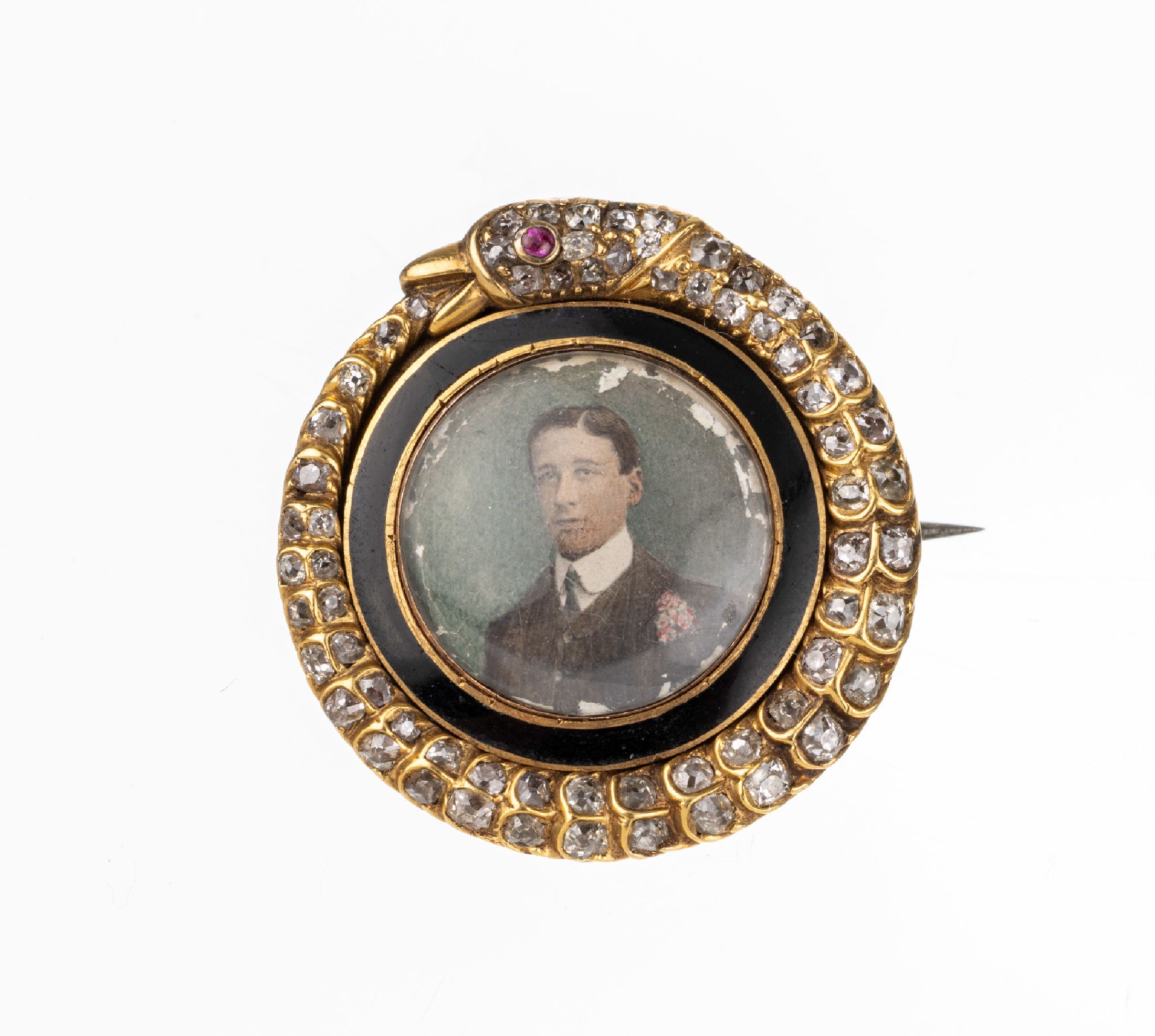 14 kt Gold Diamant-Brosche mit Miniaturmalerei, um 1890, GG 585/000 gepr.,mittig Malerei, Darstellung eines Mannes, umlaufend schwarzes Email, ...