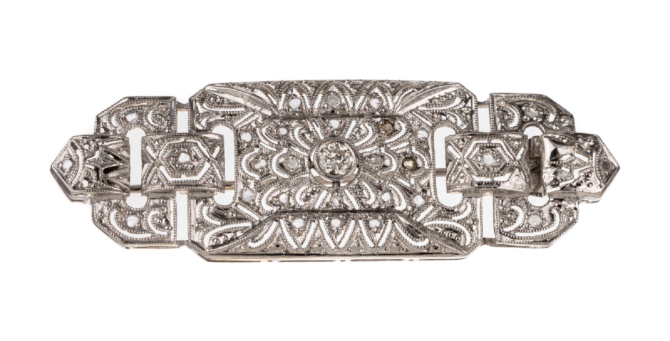 14 kt Gold Art-Deco Diamant-Brosche, um 1920/30, WG 585/000, mit Durchbrucharbeit, Millegriffverz., bes. mit Altschliffdiamant und Diamantrosen zus. ...