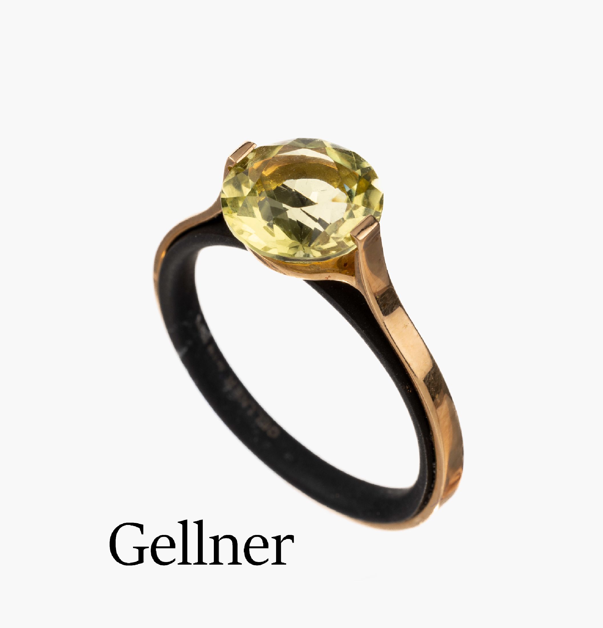 18 kt Gold GELLNER Lemonquarz-Ring, GG 585/000 und Stahl, Lemonquarz ca. 2.0 ct, RW 57, ca. 3.8 g