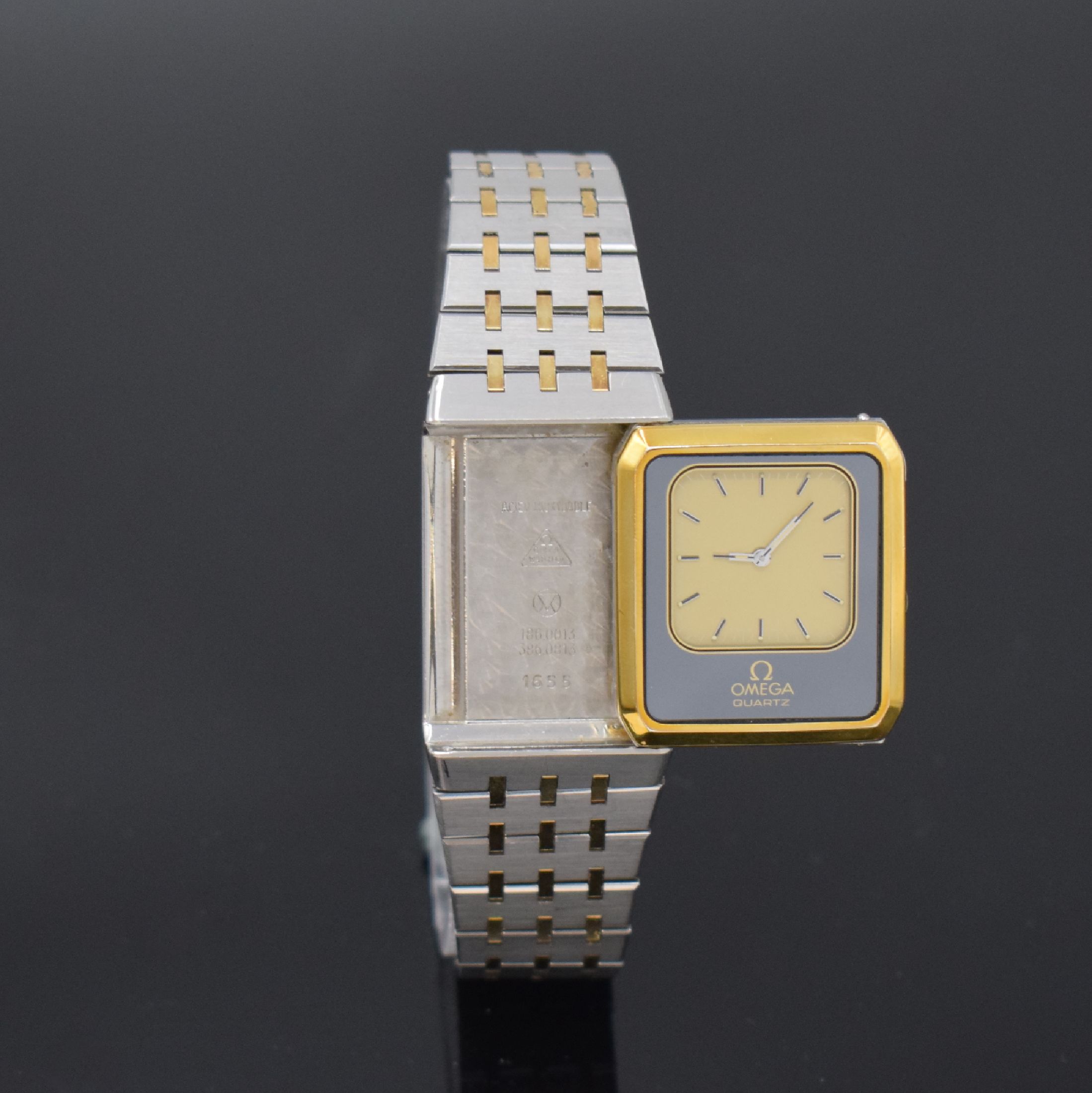Detail f: OMEGA Equinoxe Multi-Funktions Armbanduhr in Stahl Referenz 186.0013 , Schweiz um 1980, quartz, rechteck. Wendegeh. teils verg., integr. Stahlband, ...
