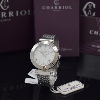 Image PHILIPPE CHARRIOL nearly mint ladies wristwatch Alexandre C reference AMS.51.009, stainless steel case including cord band, quartz, case back screwed-down 4-times, mother of pearl dial with raised indices, display of hours, minutes, sweep seconds & date, diameter approx. 34 mm, original box & blank papers, condition 1-2