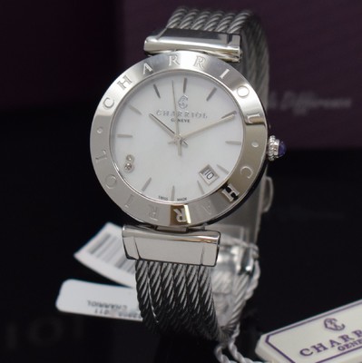26731019a - PHILIPPE CHARRIOL nearly mint ladies wristwatch Alexandre C reference AMS.51.009, stainless steel case including cord band, quartz, case back screwed-down 4-times, mother of pearl dial with raised indices, display of hours, minutes, sweep seconds & date, diameter approx. 34 mm, original box & blank papers, condition 1-2