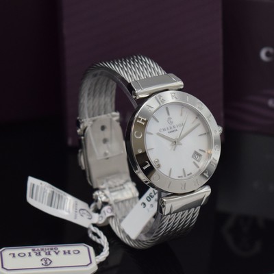 26731019c - PHILIPPE CHARRIOL nearly mint ladies wristwatch Alexandre C reference AMS.51.009, stainless steel case including cord band, quartz, case back screwed-down 4-times, mother of pearl dial with raised indices, display of hours, minutes, sweep seconds & date, diameter approx. 34 mm, original box & blank papers, condition 1-2