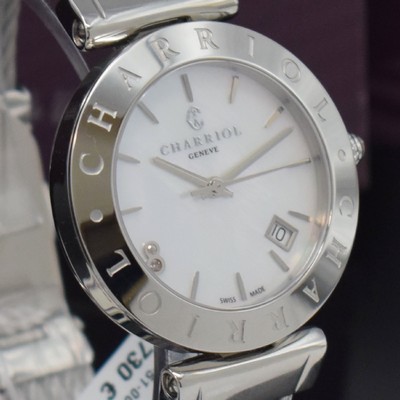 26731019e - PHILIPPE CHARRIOL nearly mint ladies wristwatch Alexandre C reference AMS.51.009, stainless steel case including cord band, quartz, case back screwed-down 4-times, mother of pearl dial with raised indices, display of hours, minutes, sweep seconds & date, diameter approx. 34 mm, original box & blank papers, condition 1-2
