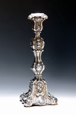 Image 26731075 - Candlestick, German, Berlin, mid-19th century,silver tested, tremouli stitch, baroque style,rich relief with flowers and volutes, filled, height approx. 37.5cm, dented