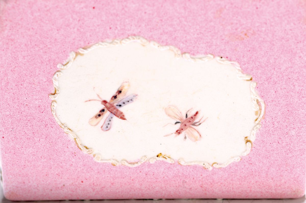Detail c: Deckeldose, Frankreich, 19. Jh., Metall fein emailliert in rosa mit weißen aufgelegten Ornamenten, in Kartuschen Emailmalerei von Apfel, Pilzen, ...