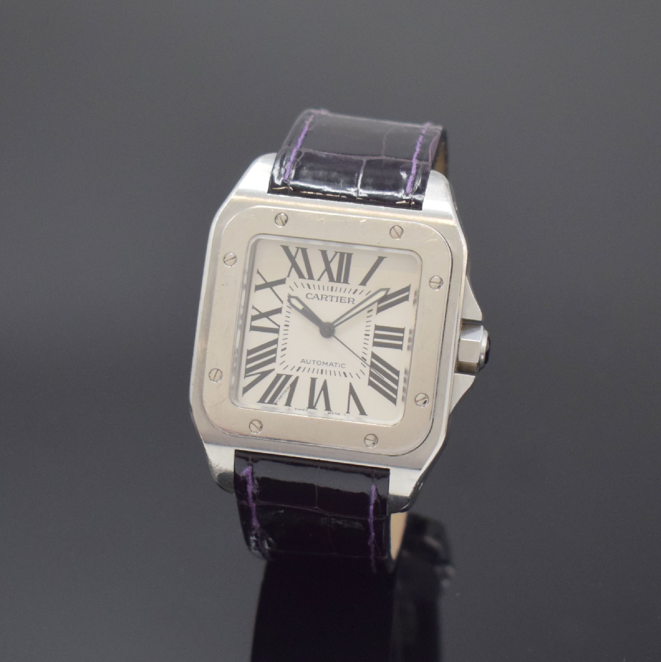 CARTIER Armbanduhr Santos 100 Referenz 2656, Automatik, Schweiz um 2005, Edelstahlgeh. inkl. orig. Lederband m. dopp. Faltschl., Boden und Lünette ...