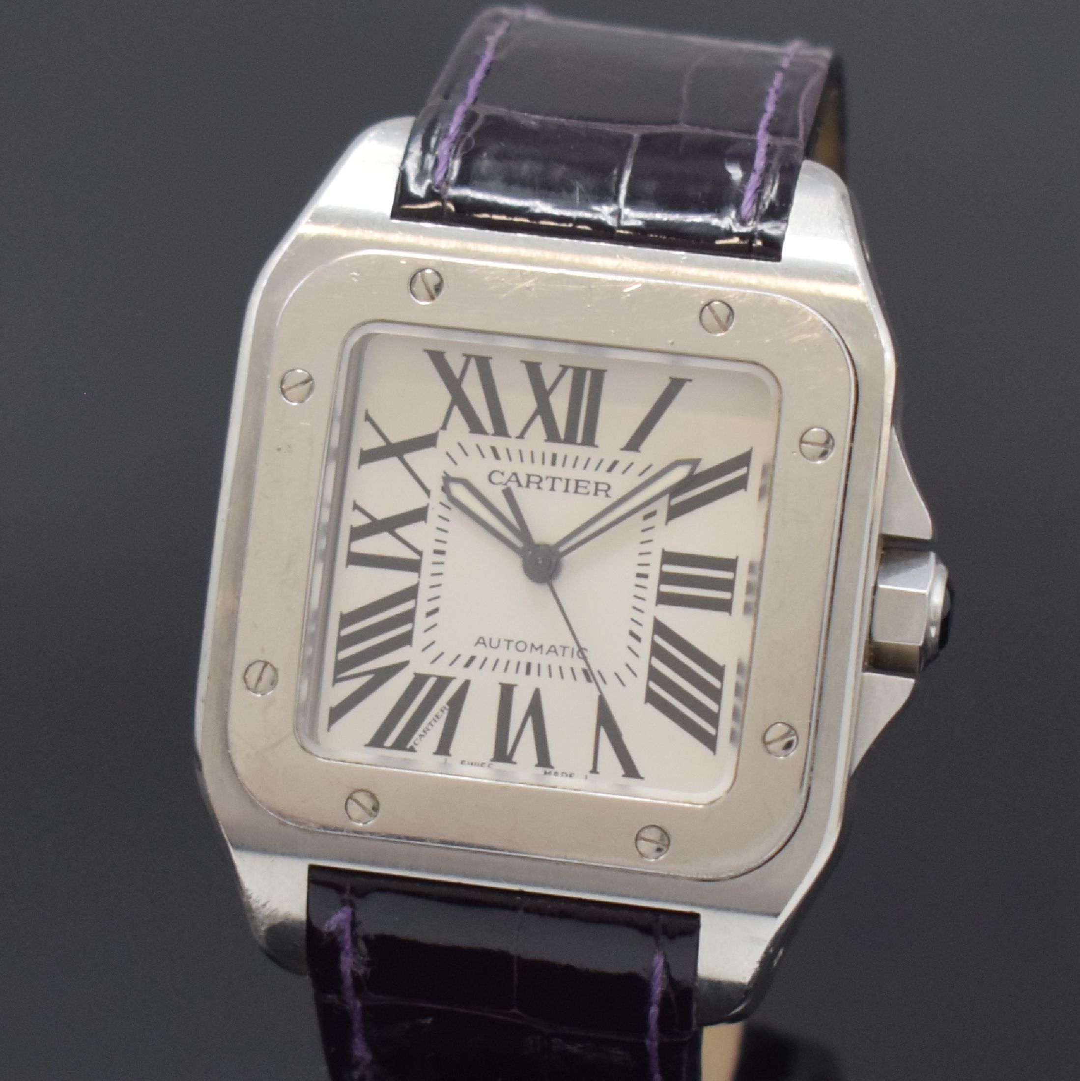 Detail a: CARTIER Armbanduhr Santos 100 Referenz 2656, Automatik, Schweiz um 2005, Edelstahlgeh. inkl. orig. Lederband m. dopp. Faltschl., Boden und Lünette ...