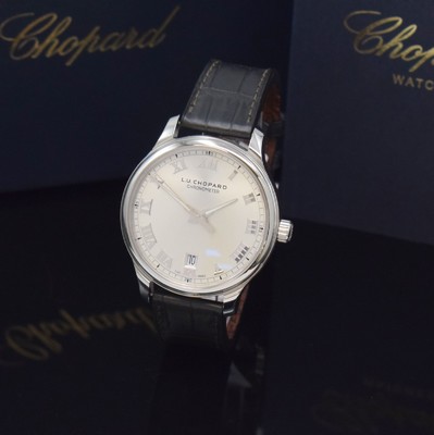 Image CHOPARD nearly mint gents wristwatch L.U.C. 1937 Classic reference 168544-3002, self winding, chronometer in stainless steel including original leather strap with original buckle, on both sides glazed, case back 6- times screwed, screwed down winding crown, silvered dial with raised Roman hours, display of hours, minutes, sweep seconds & date, diameter approx. 42 mm, original box & papers, condition 1-2
