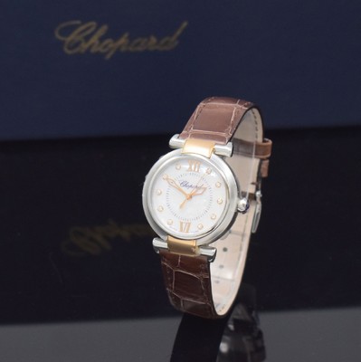 Image CHOPARD nearly mint ladies wristwatch Imperiale reference 388563-6013, self winding, stainless steel/pink gold combined including original leather strap with original buckle, on both sides glazed, back with 8 screws, mother of pearl dial with 10 diamond indices, display of hours, minutes & sweep seconds, diameter approx. 29 mm, original box & papers, condition 1-2